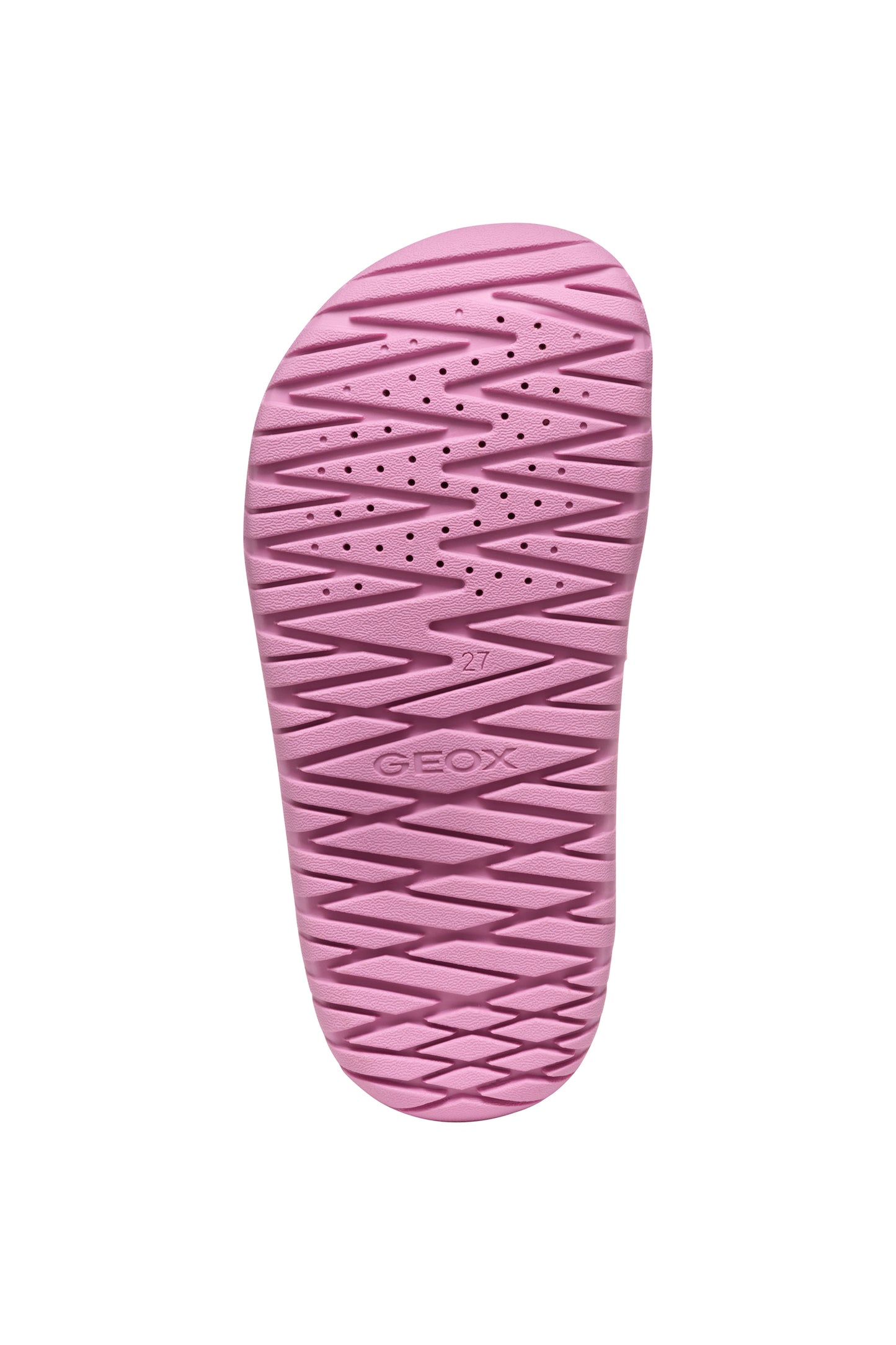 A open toe synthetic water friendly sandal by Geox. Style Fusbetto in pink with two velcro fastenings. Sole view.