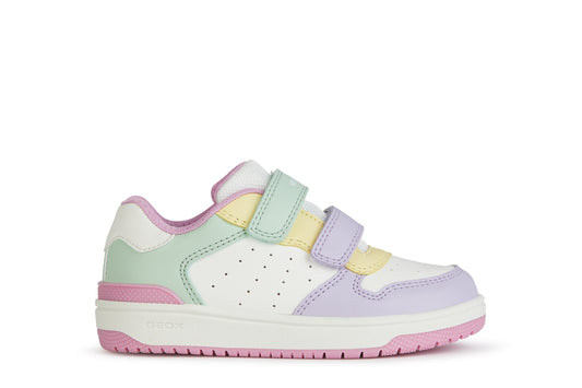 A girls trainer by Geox, style J Washiba, in white multi with doube velcro fastening. Right side view.