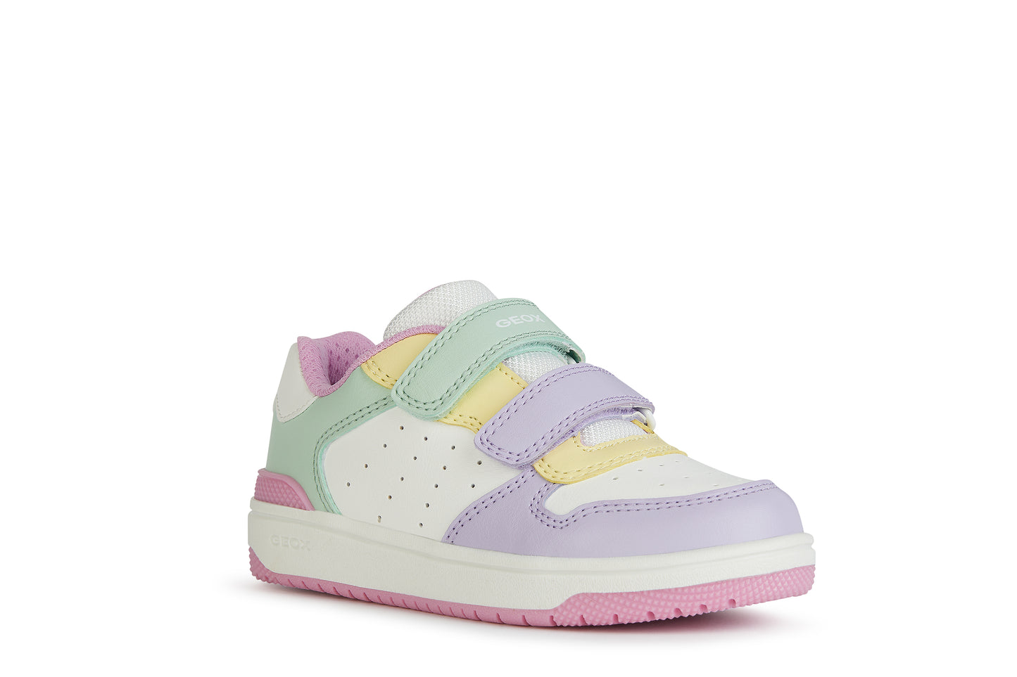 A girls trainer by Geox, style J Washiba, in white multi with doube velcro fastening. Right side view