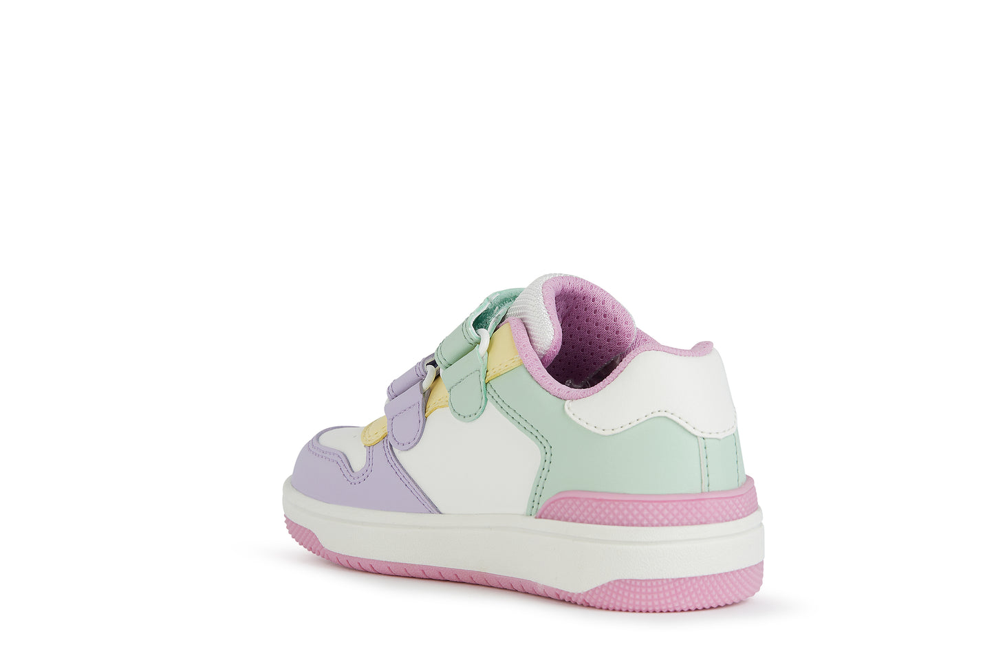 A girls trainer by Geox, style J Washiba, in white multi with doube velcro fastening. Angled view of right side.