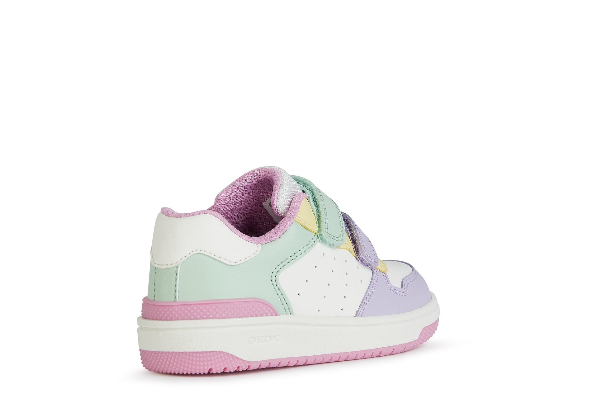 A girls trainer by Geox, style J Washiba, in white multi with doube velcro fastening. Angled view of right side.