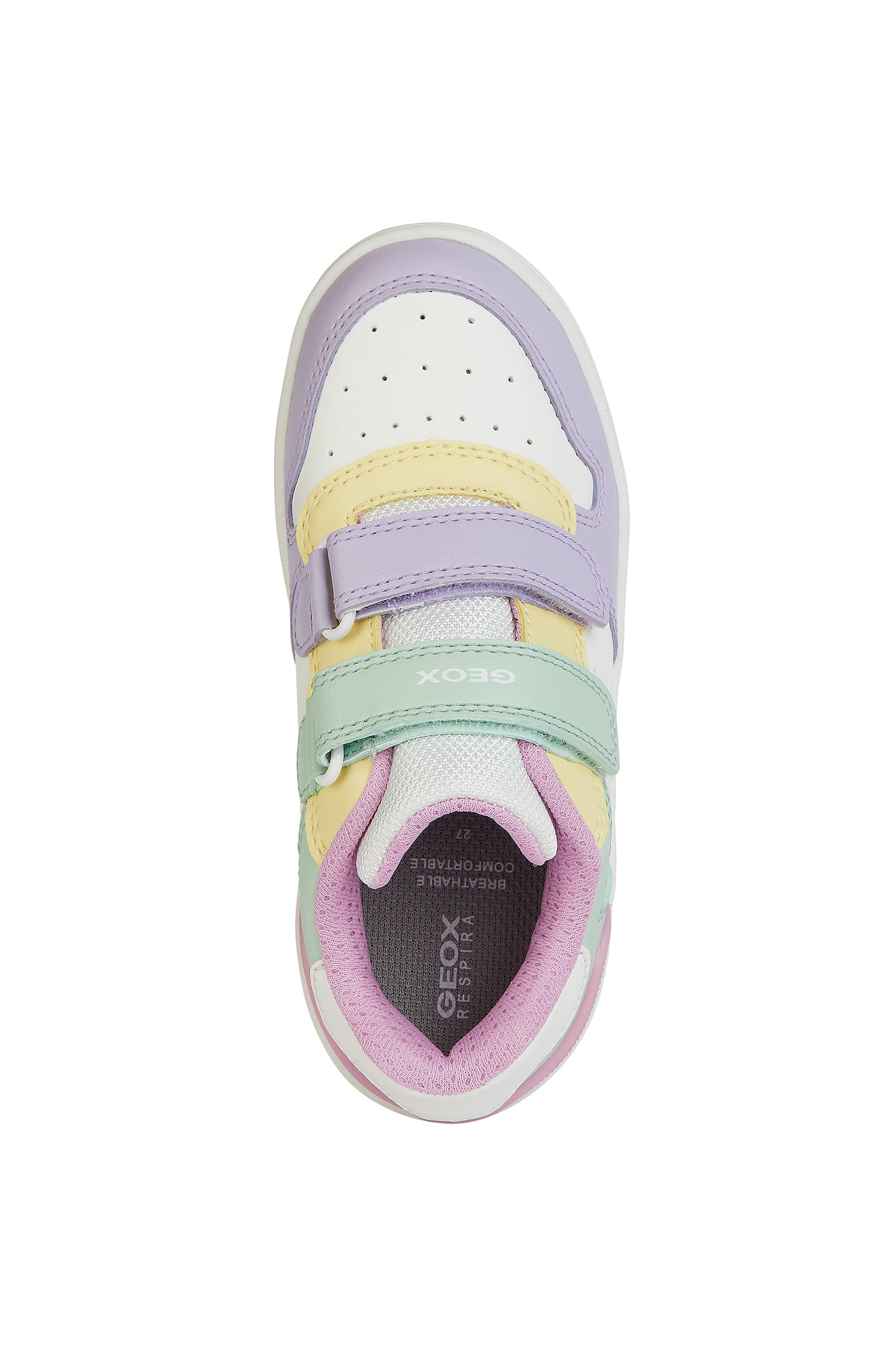 A girls trainer by Geox, style J Washiba, in white multi with doube velcro fastening. View from above.