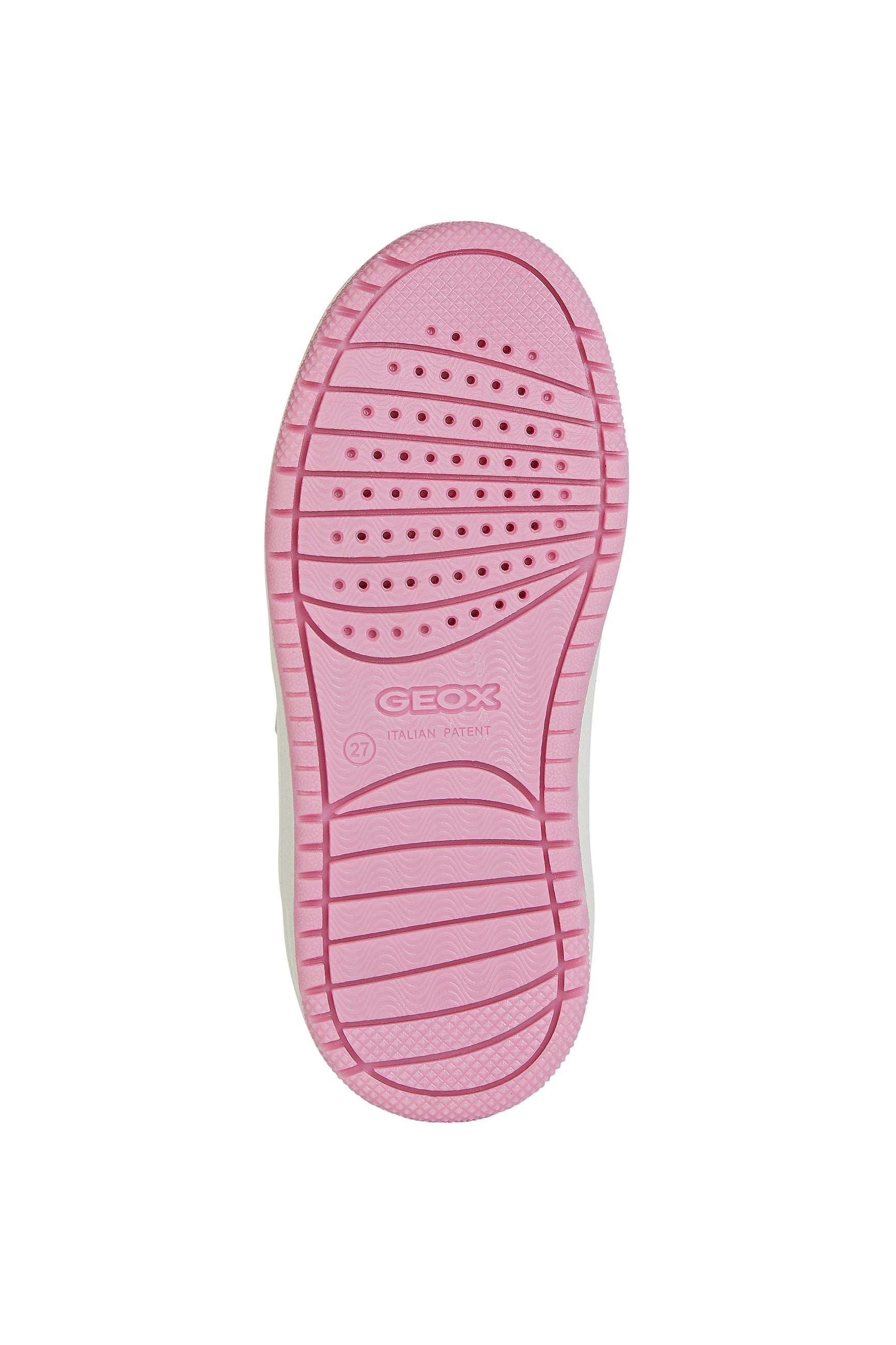 A girls trainer by Geox, style J Washiba, in white multi with doube velcro fastening. View of pink sole.