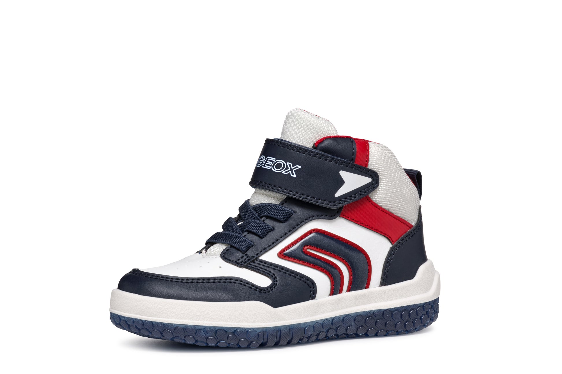 A boys high-top by Geox, style Buzzerlight, in navy, white and red, Velcro fastening.  Inside view.