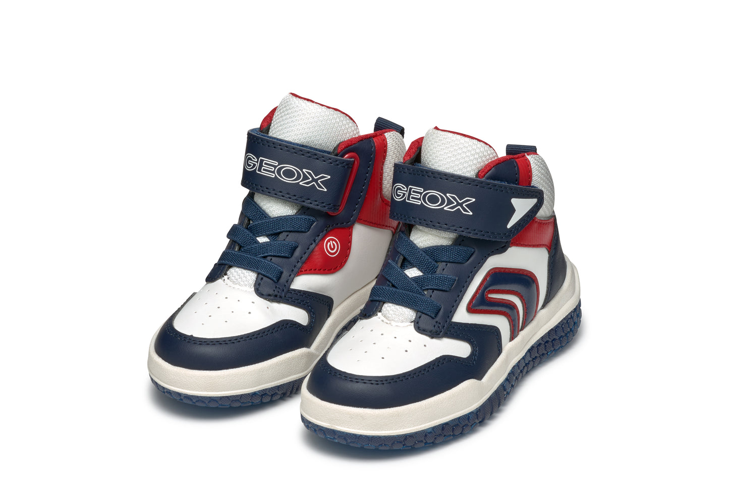 A boys high-top by Geox, style Buzzerlight, in navy, white and red, Velcro fastening. Pair view.