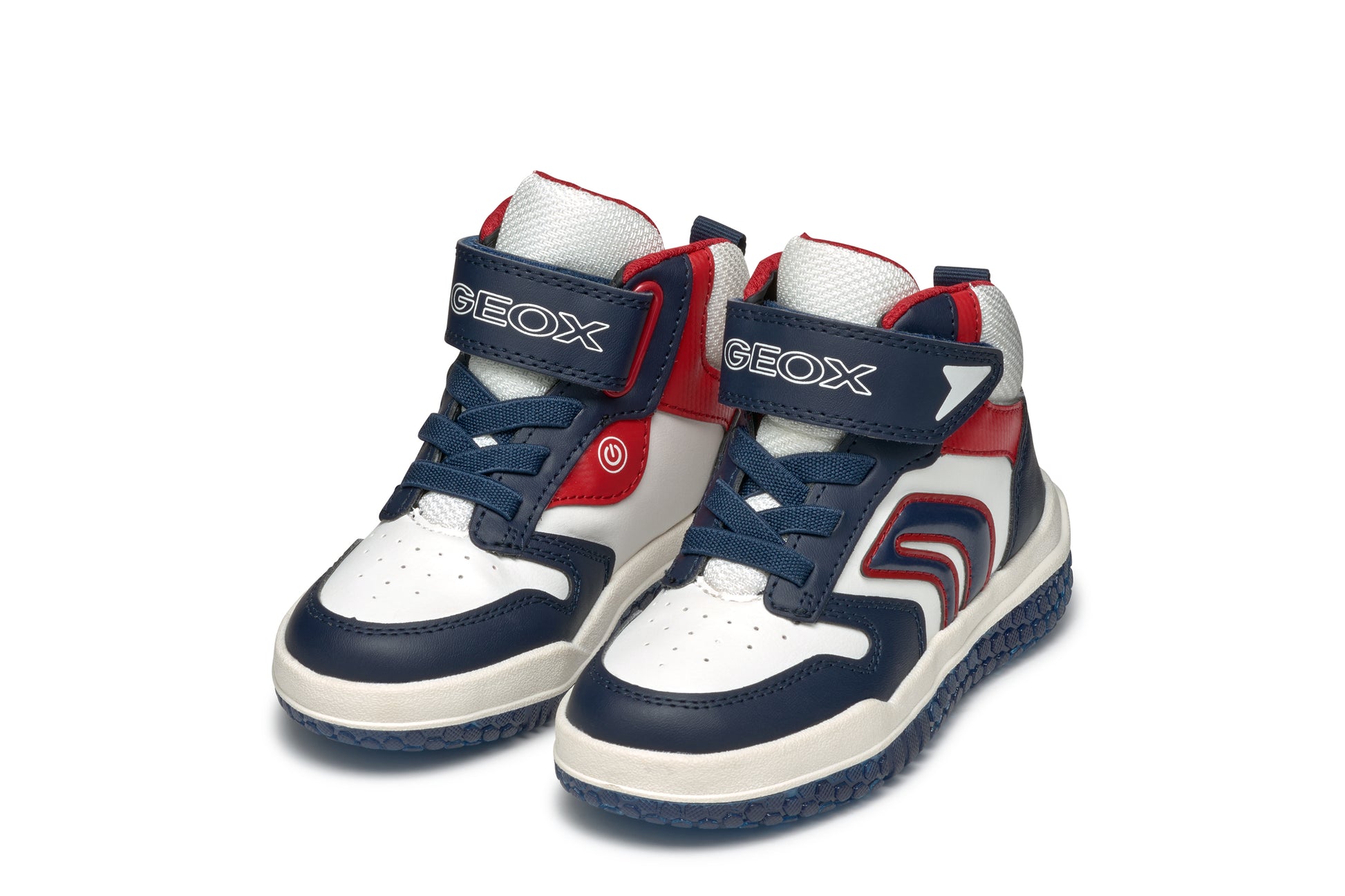 A boys high-top by Geox, style Buzzerlight, in navy, white and red, Velcro fastening. Pair view.