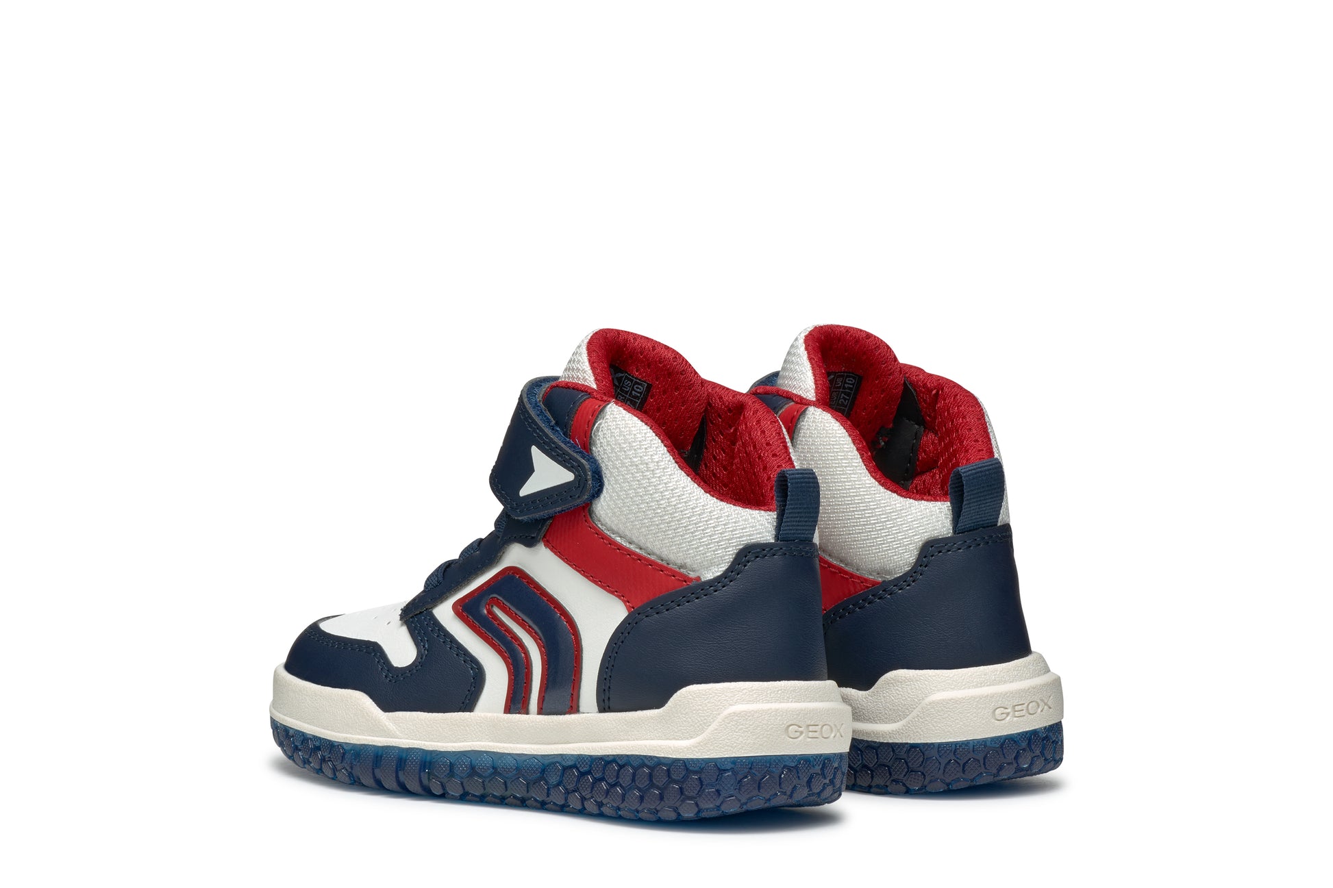A boys high-top by Geox, style Buzzerlight, in navy, white and red, Velcro fastening. Back view.