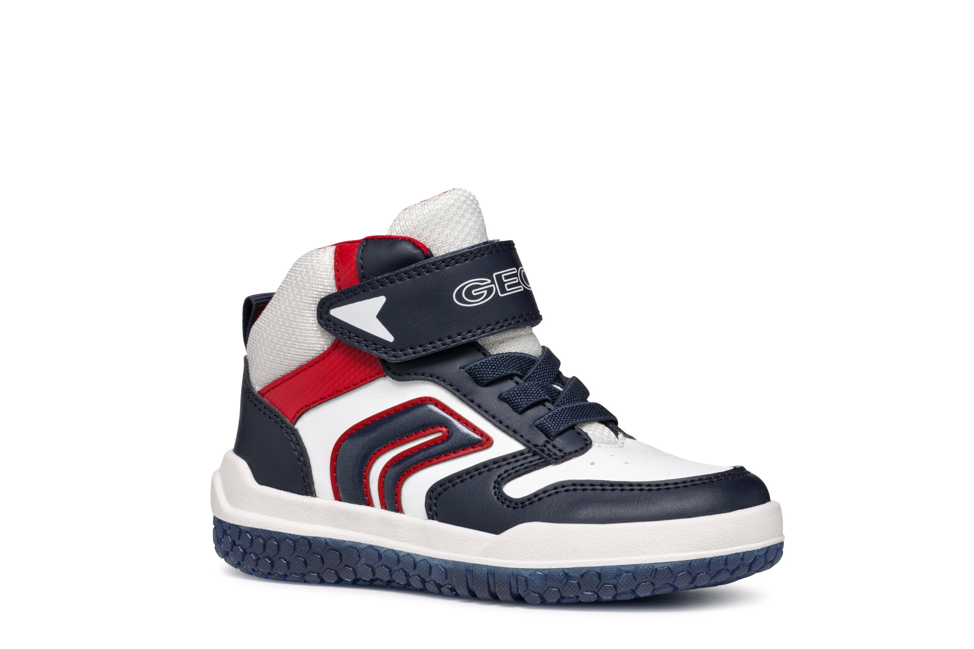 A boys high-top by Geox, style Buzzerlight, in navy, white and red, Velcro fastening. Right side angled view.