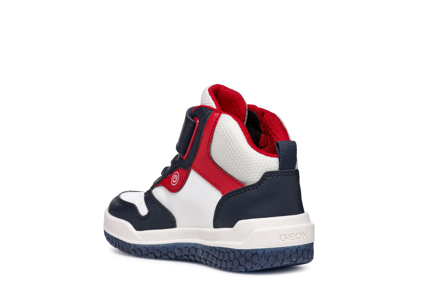 A boys high-top by Geox, style Buzzerlight, in navy, white and red, Velcro fastening. Heel view.