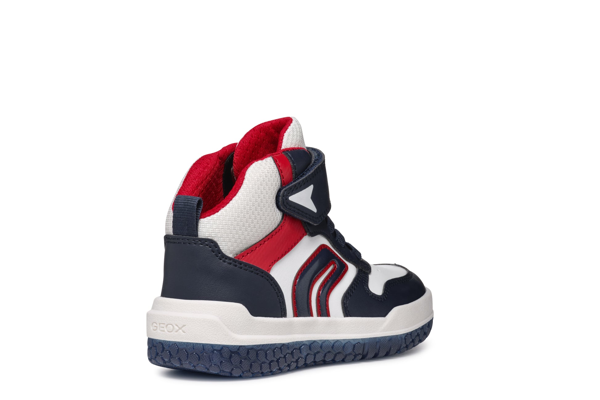 A boys high-top by Geox, style Buzzerlight, in navy, white and red, Velcro fastening. Back view.