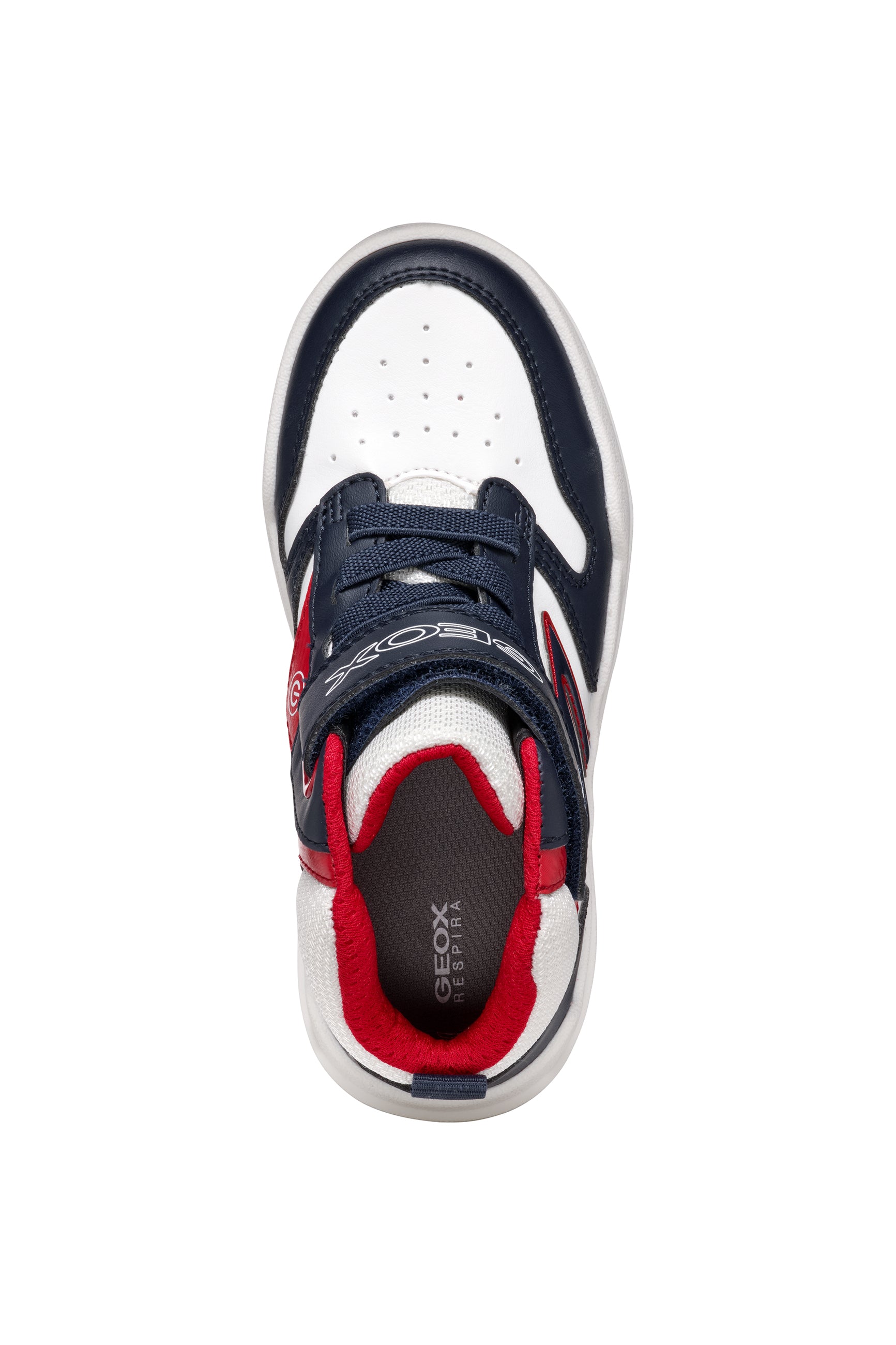 A boys high-top by Geox, style Buzzerlight, in navy, white and red, Velcro fastening. Top view.