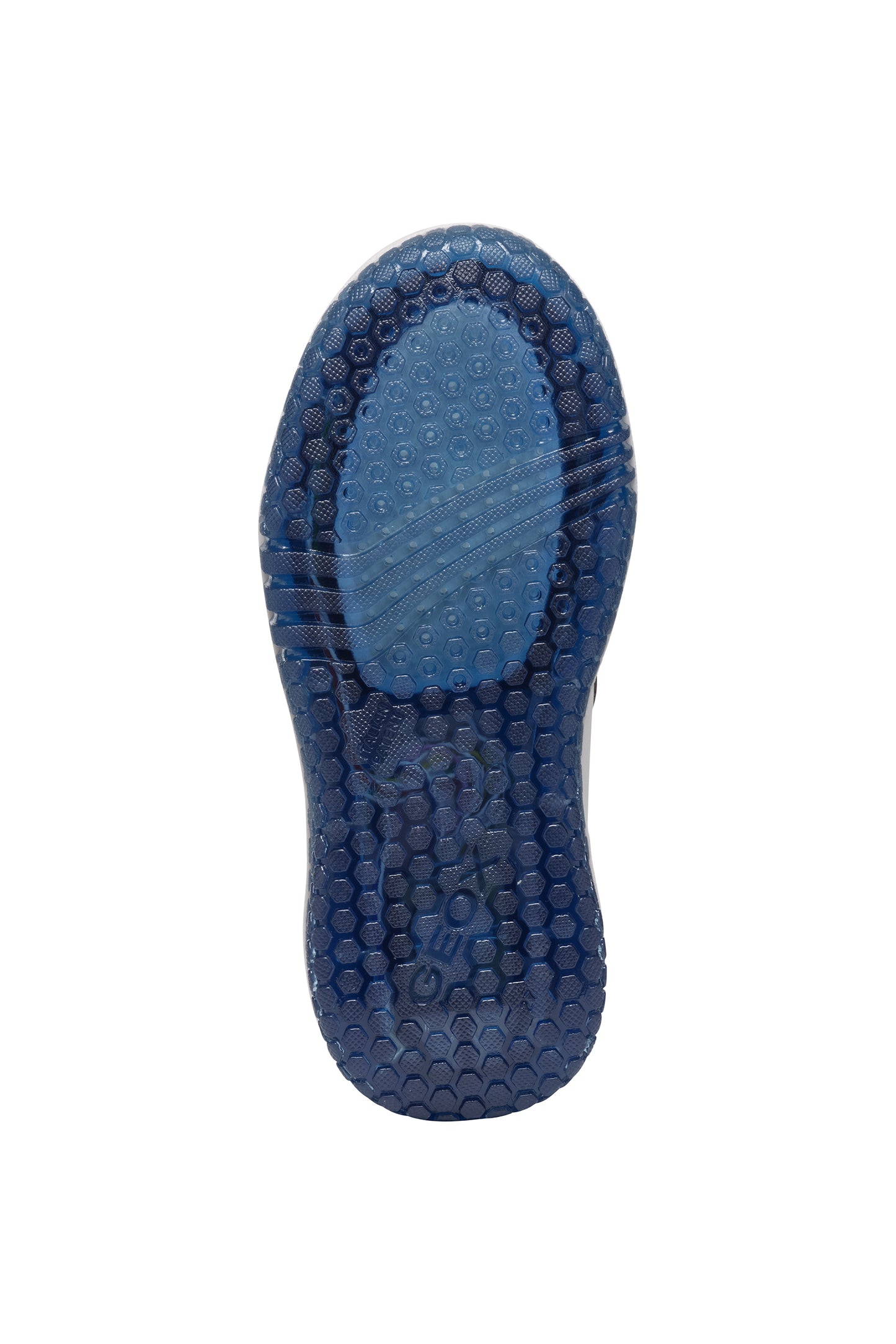 A boys high-top by Geox, style Buzzerlight, in navy, white and red, Velcro fastening. Sole view.