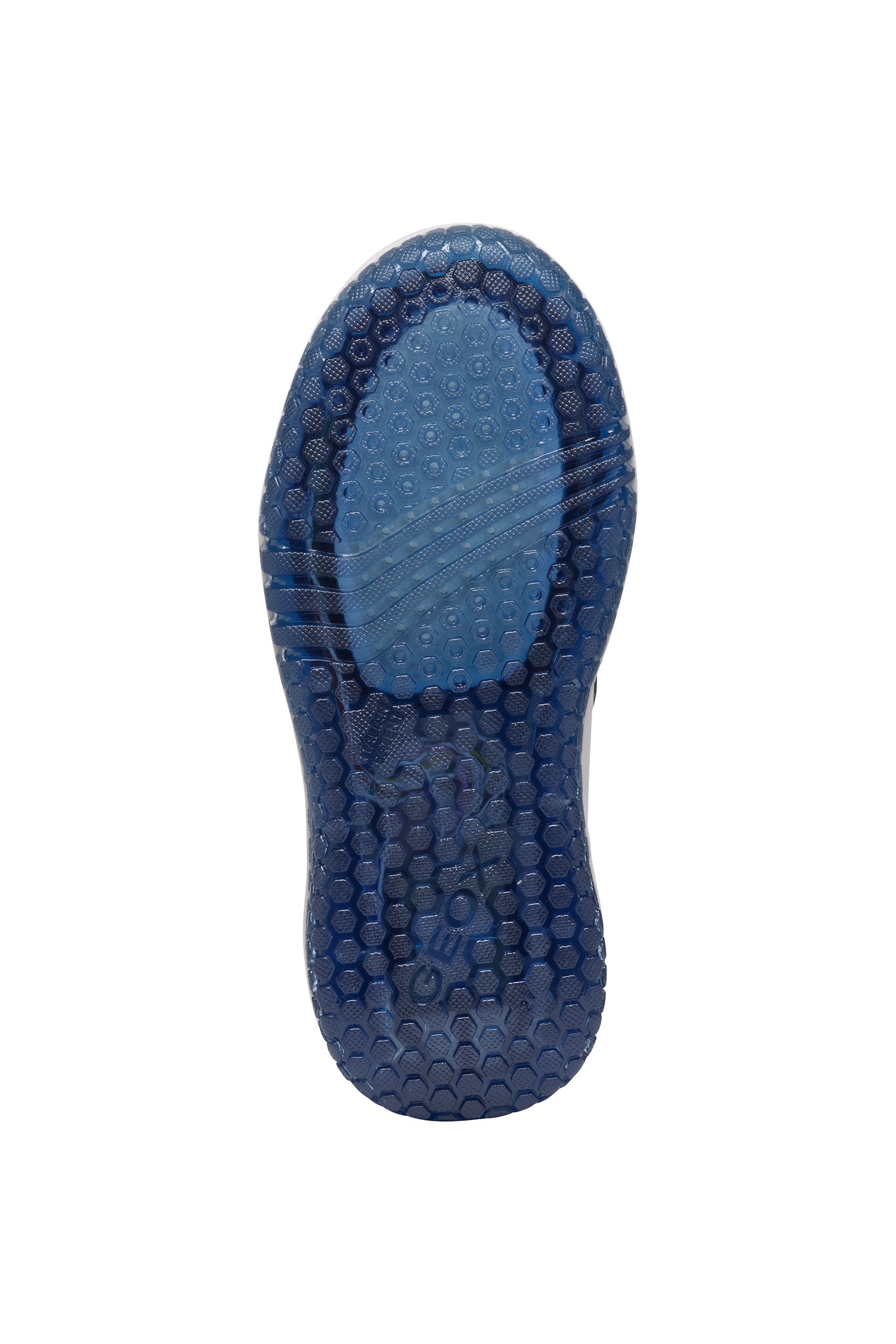 A boys high-top by Geox, style Buzzerlight, in navy, white and red, Velcro fastening. Sole view.