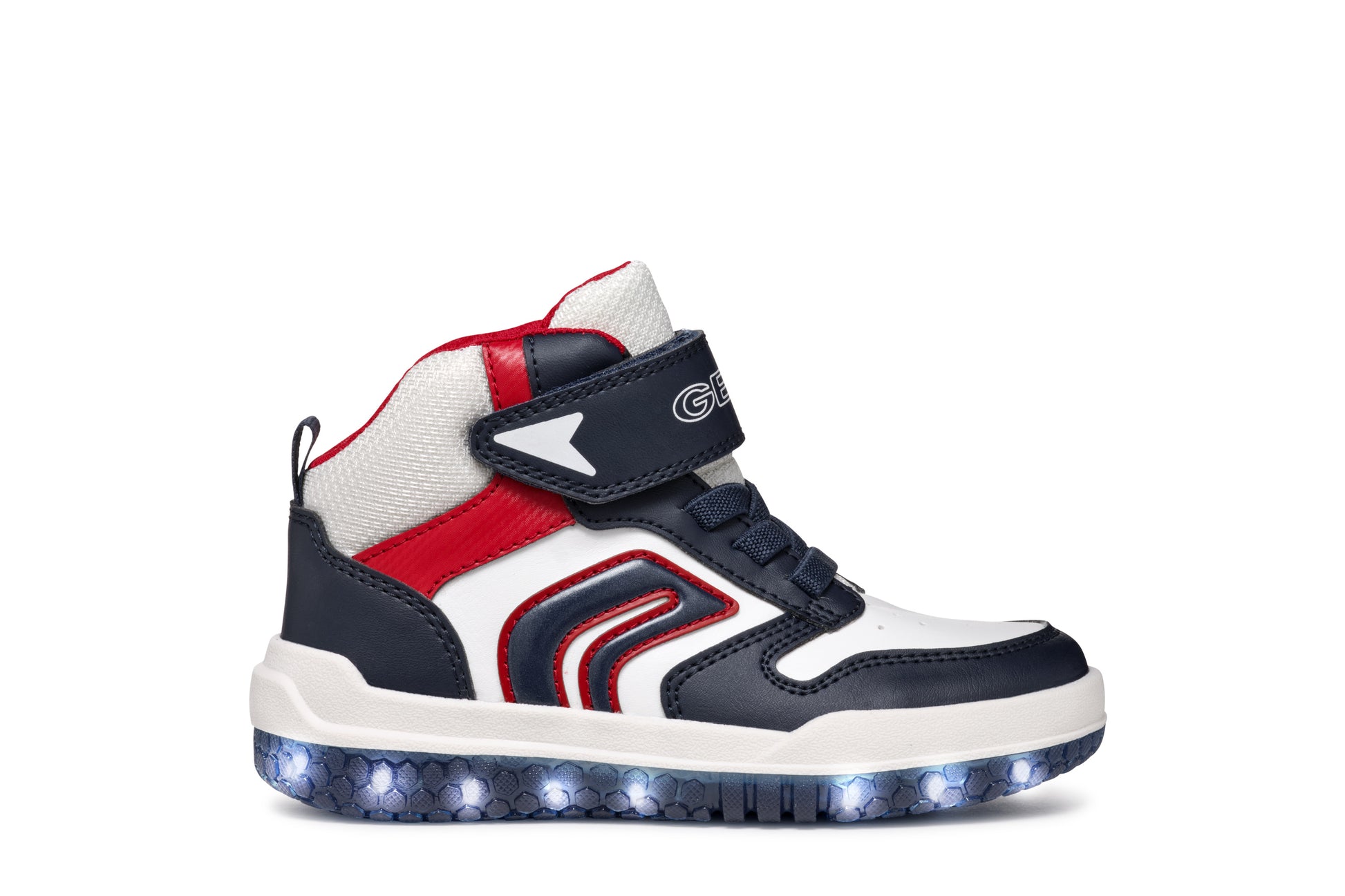 A boys high-top by Geox, style Buzzerlight, in navy, white and red, Velcro fastening. Flashing view.