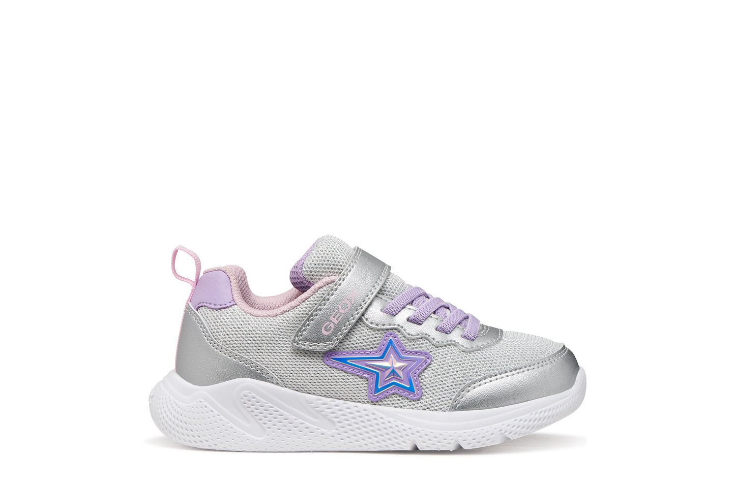 A girls trainer by Geox, style Sprintye in silver/lilac with velcro strap and elastic laces, star design on side, silver detail on heel and toe and white sole. Right side view