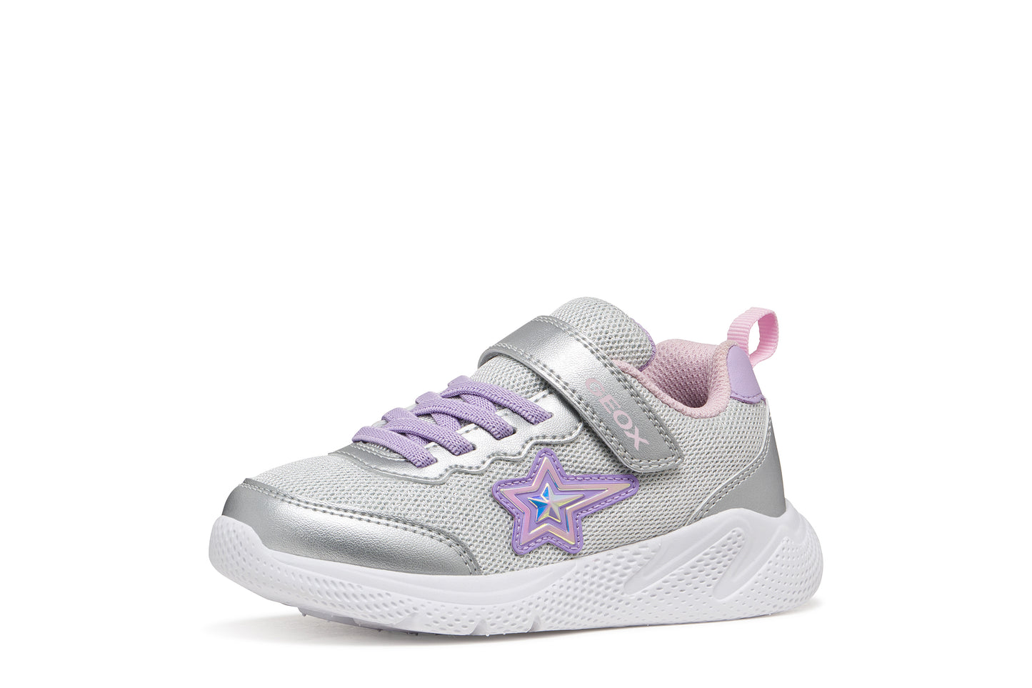 A girls trainer by Geox, style Sprintye in silver/lilac with velcro strap and elastic laces, star design on side, silver detail on heel and toe and white sole. Angled left side view