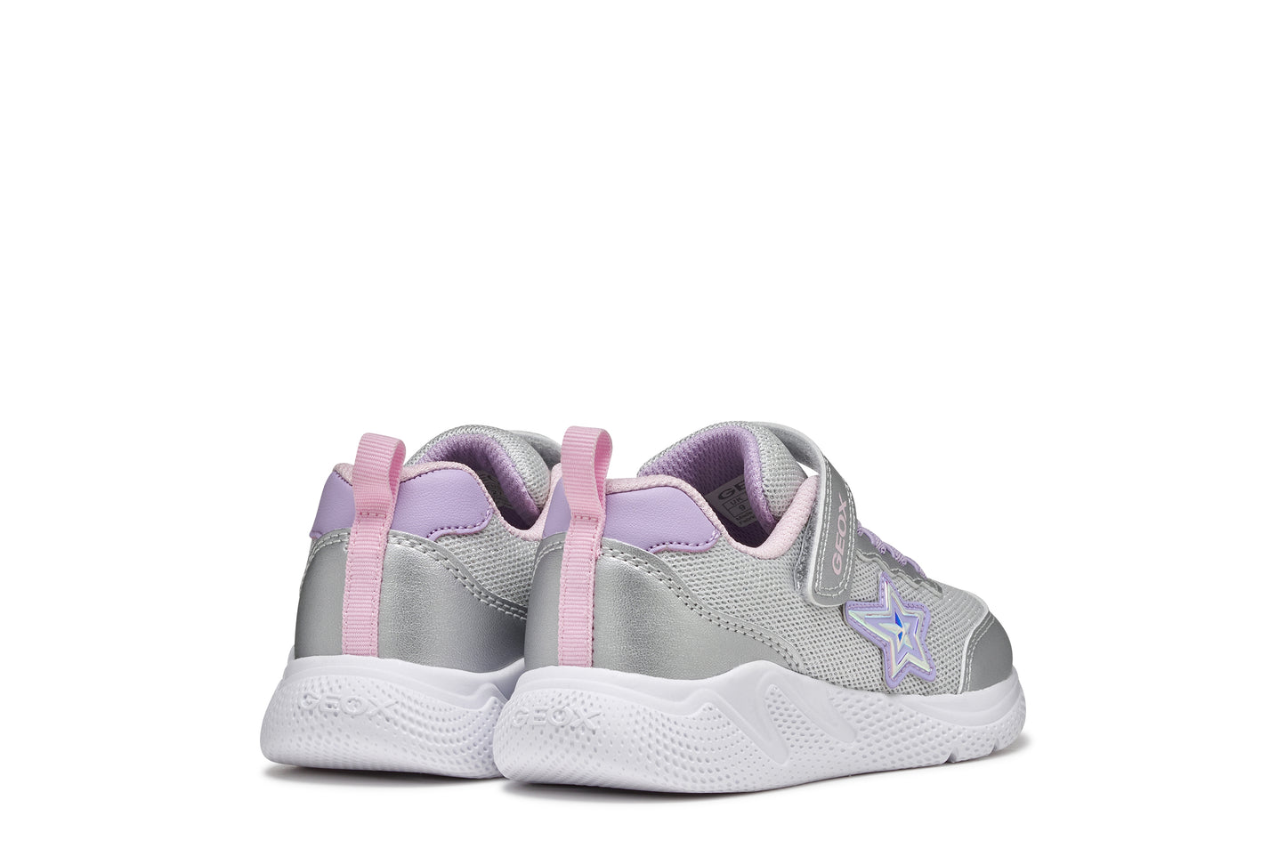 A girls trainer by Geox, style Sprintye in silver/lilac with velcro strap and elastic laces, star design on side, silver detail on heel and toe and white sole. View of back of pair side by side