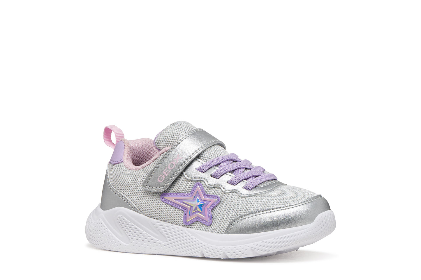A girls trainer by Geox, style Sprintye in silver/lilac with velcro strap and elastic laces, star design on side, silver detail on heel and toe and white sole. Angled right side view