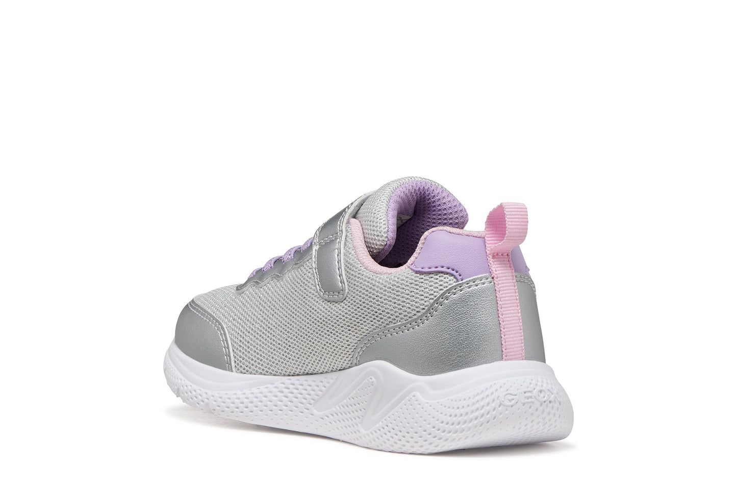 A girls trainer by Geox, style Sprintye in silver/lilac with velcro strap and elastic laces, star design on side, silver detail on heel and toe and white sole. Inner back view