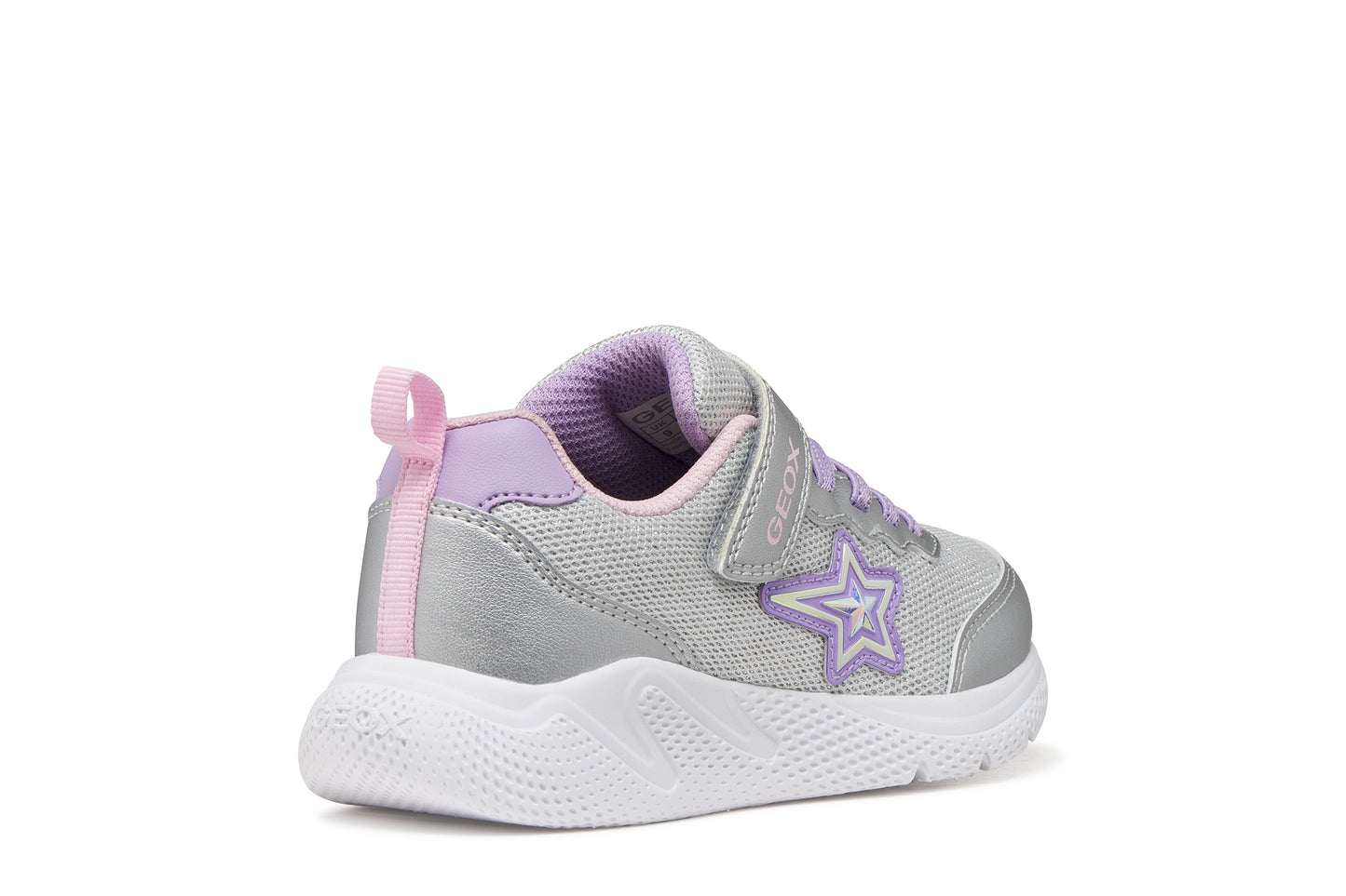 A girls trainer by Geox, style Sprintye in silver/lilac with velcro strap and elastic laces, star design on side, silver detail on heel and toe and white sole. Outer back view