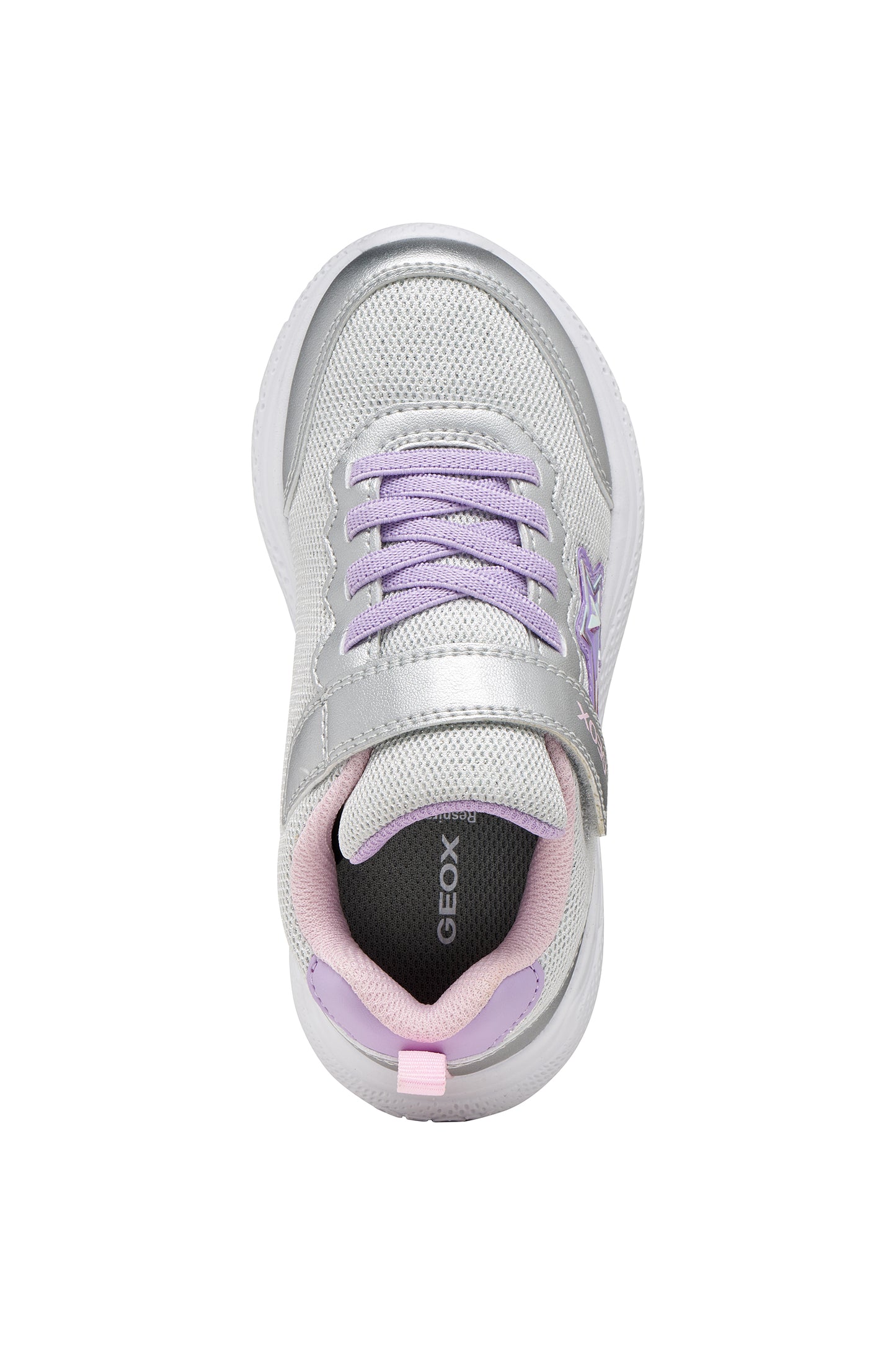 A girls trainer by Geox, style Sprintye in silver/lilac with velcro strap and elastic laces, star design on side, silver detail on heel and toe and white sole. Top view