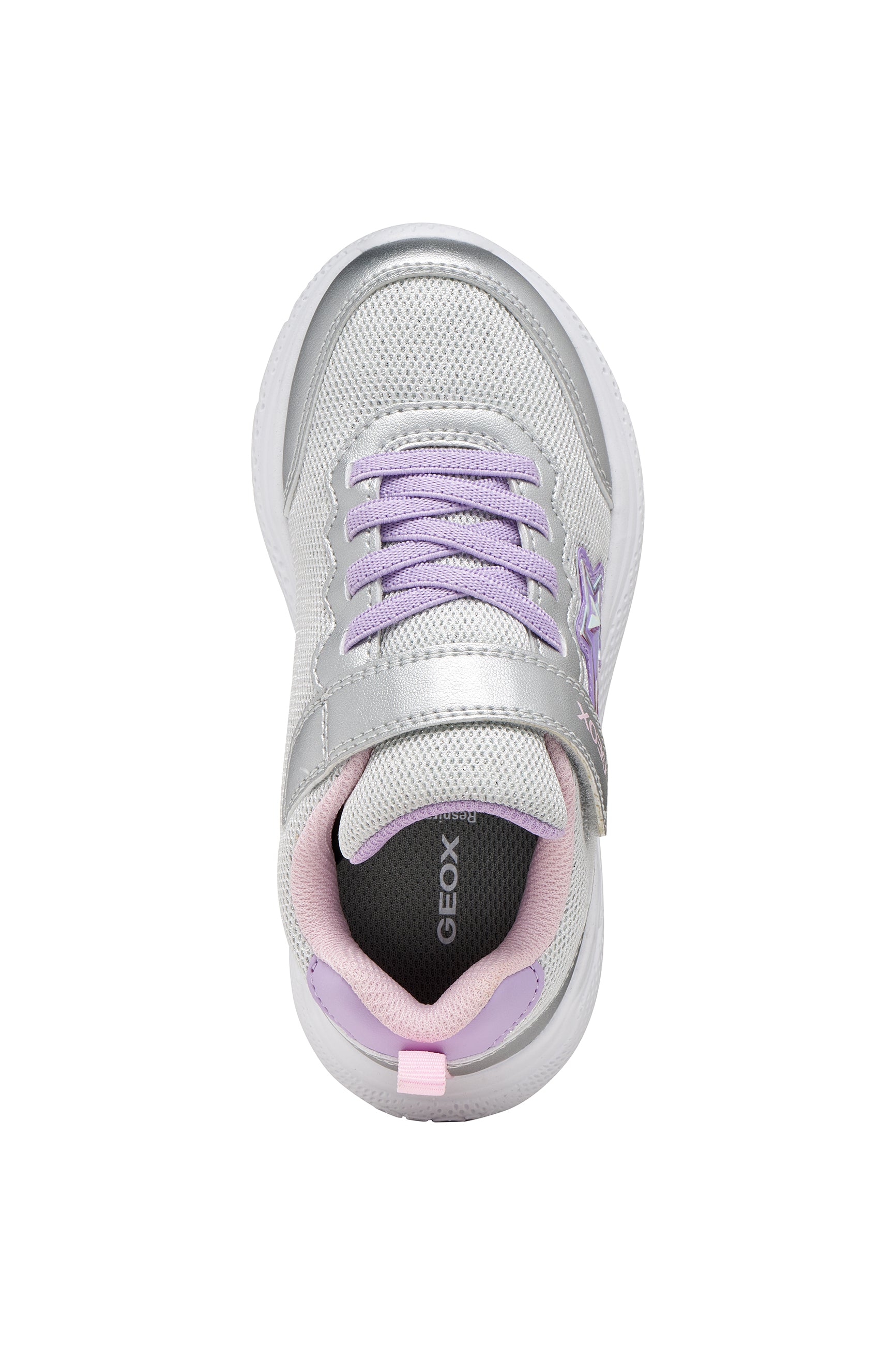 A girls trainer by Geox, style Sprintye in silver/lilac with velcro strap and elastic laces, star design on side, silver detail on heel and toe and white sole. Top view
