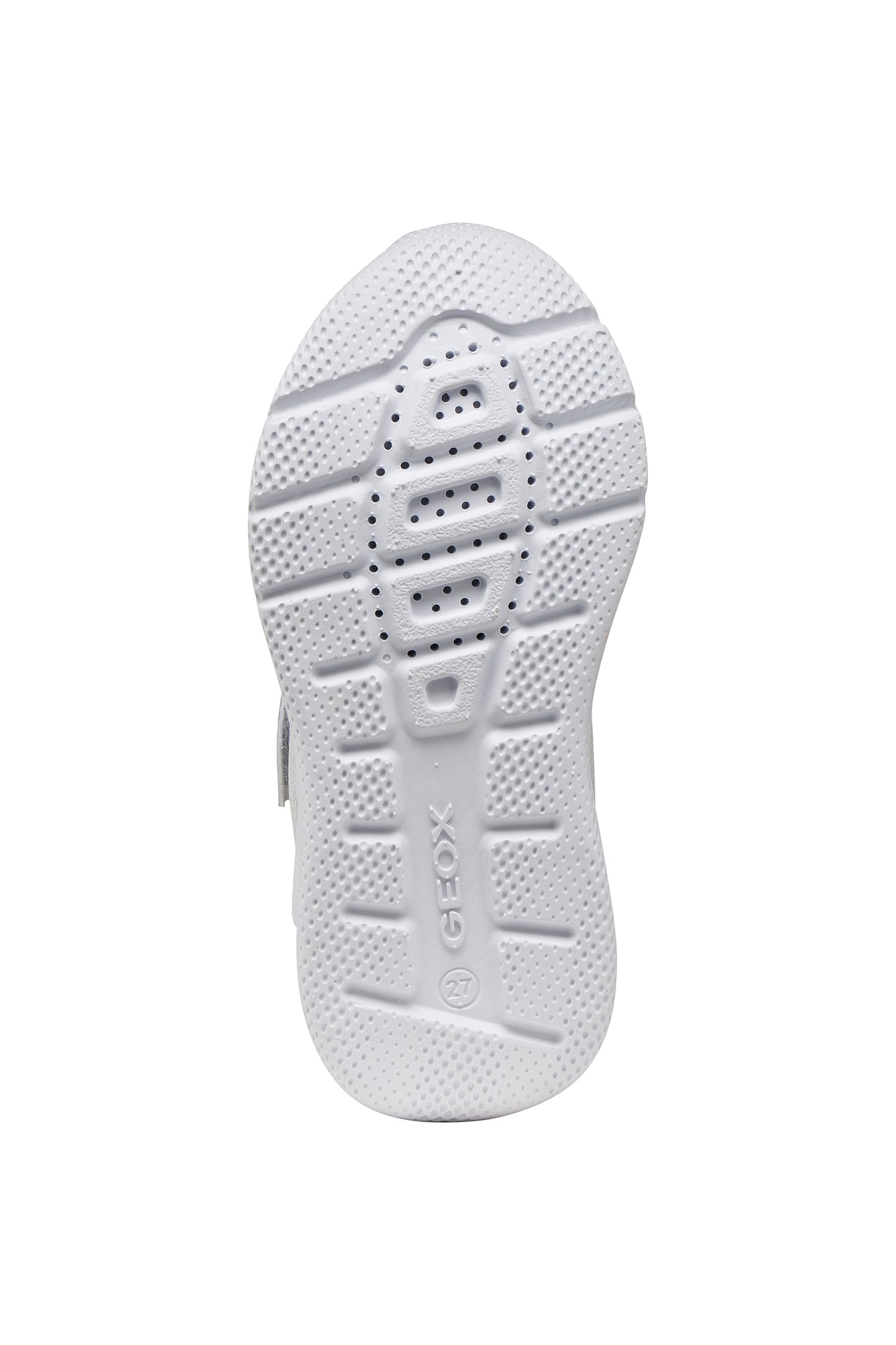 A girls trainer by Geox, style Sprintye in silver/lilac with velcro strap and elastic laces, star design on side, silver detail on heel and toe and white sole. View of sole with breathable holes