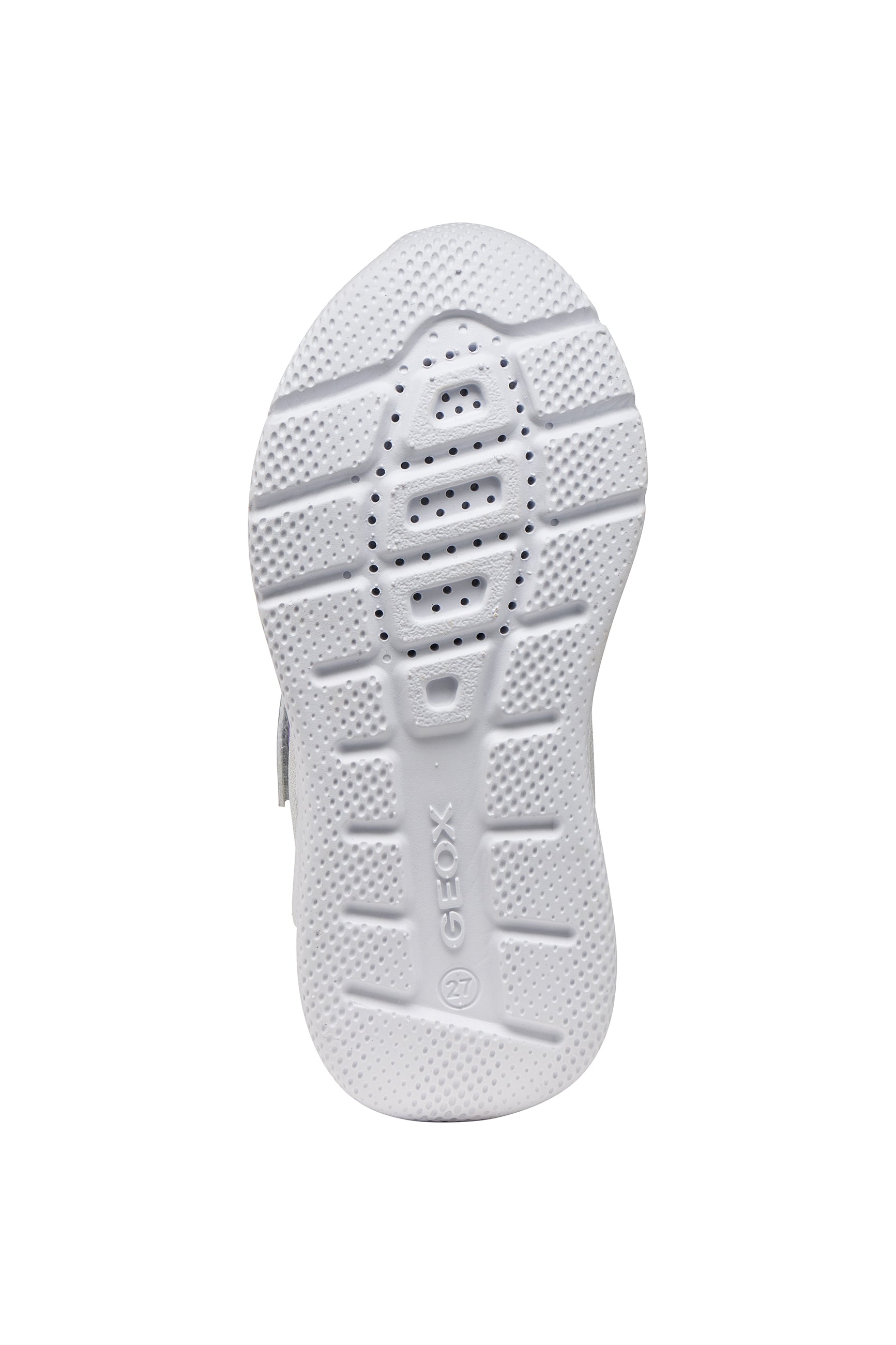 A girls trainer by Geox, style Sprintye in silver/lilac with velcro strap and elastic laces, star design on side, silver detail on heel and toe and white sole. View of sole with breathable holes