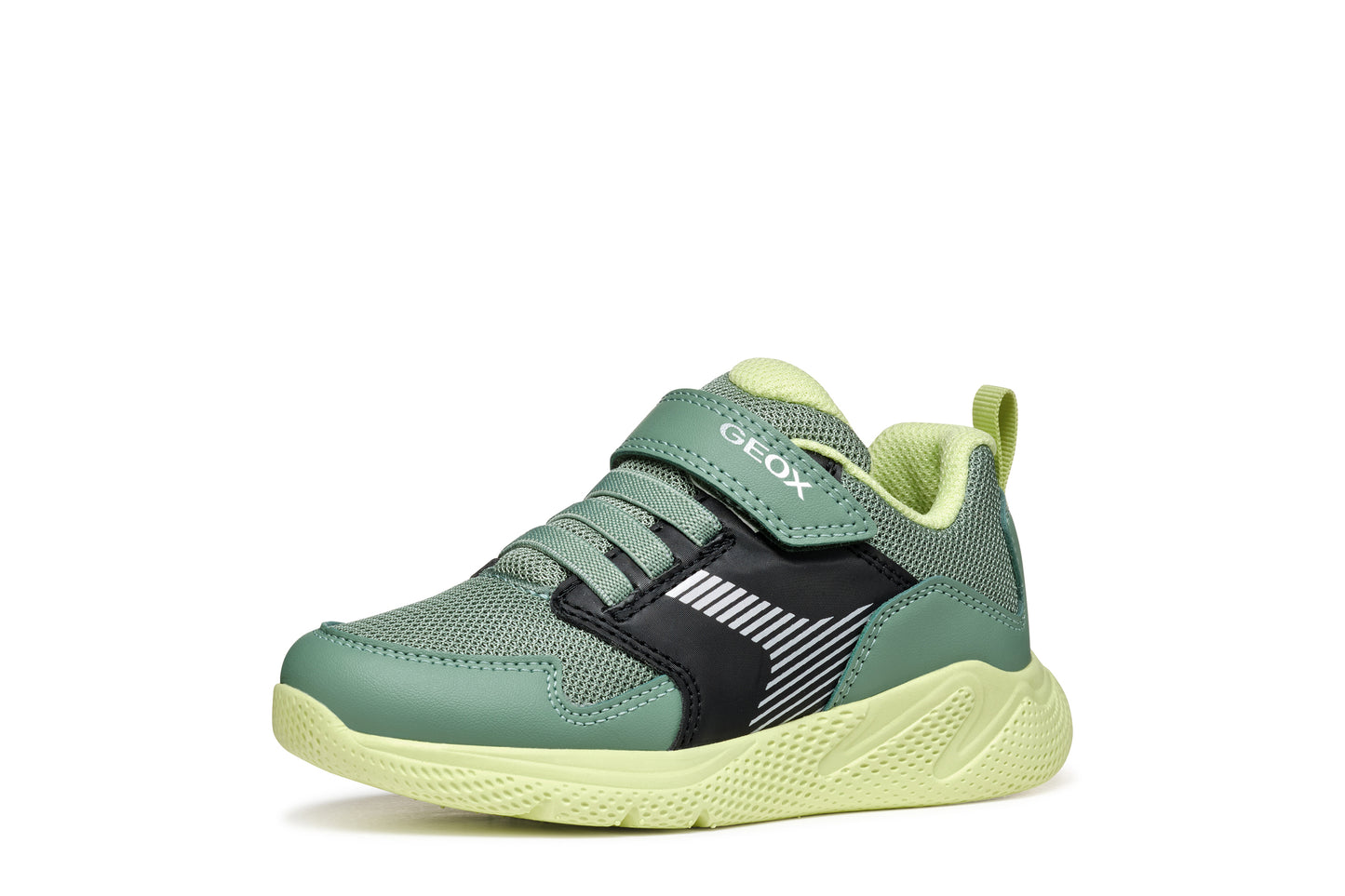 A boys trainer by Geox, style J Sprintye in black / green. Velcro/ elastic lace fastening. Left side view.
