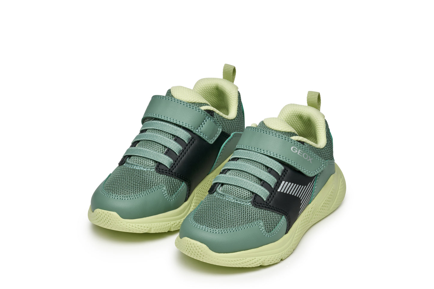 A boys trainer by Geox, style J Sprintye in black / green. Velcro/ elastic lace fastening. Angled front view of pair.