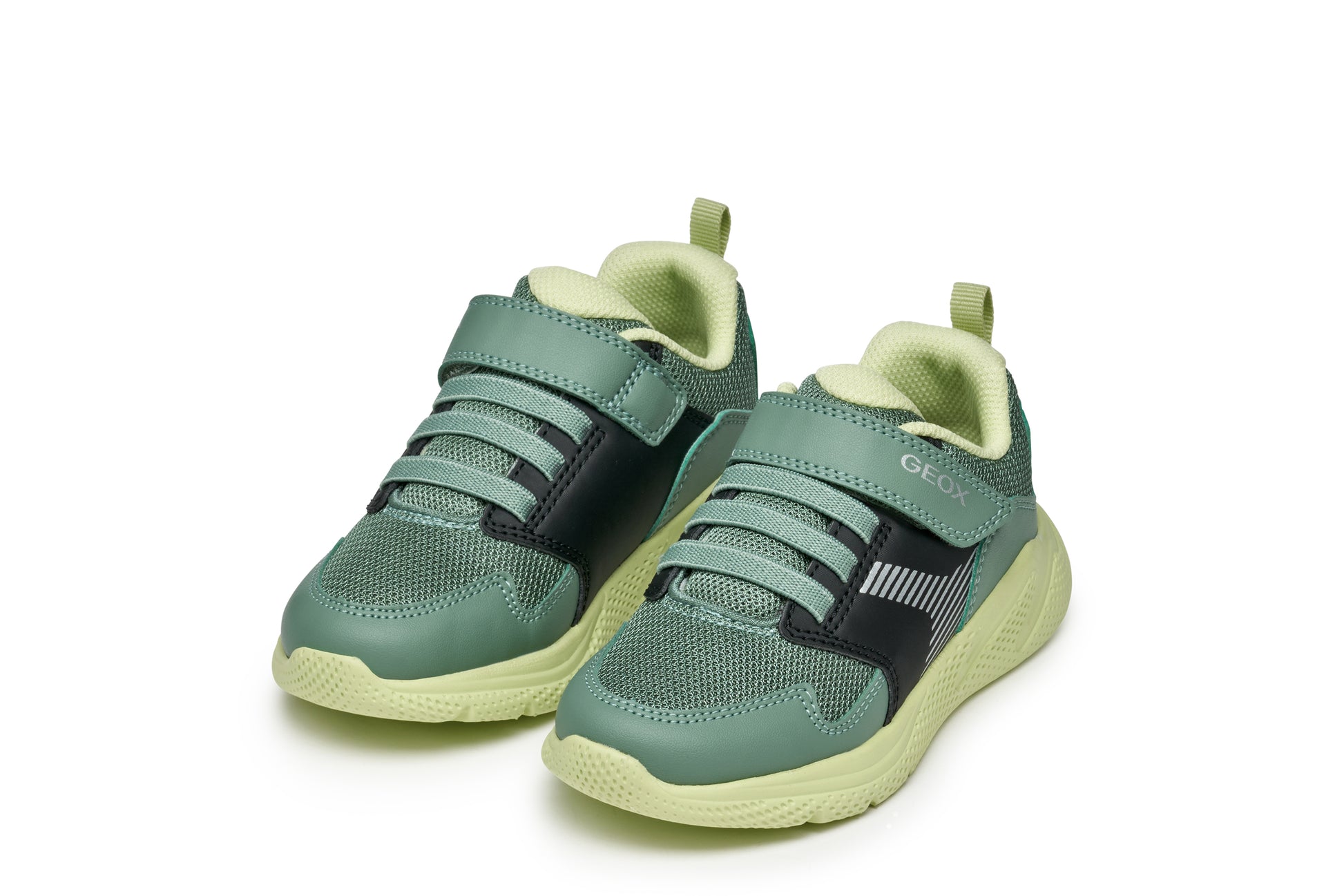 A boys trainer by Geox, style J Sprintye in black / green. Velcro/ elastic lace fastening. Angled front view of pair.
