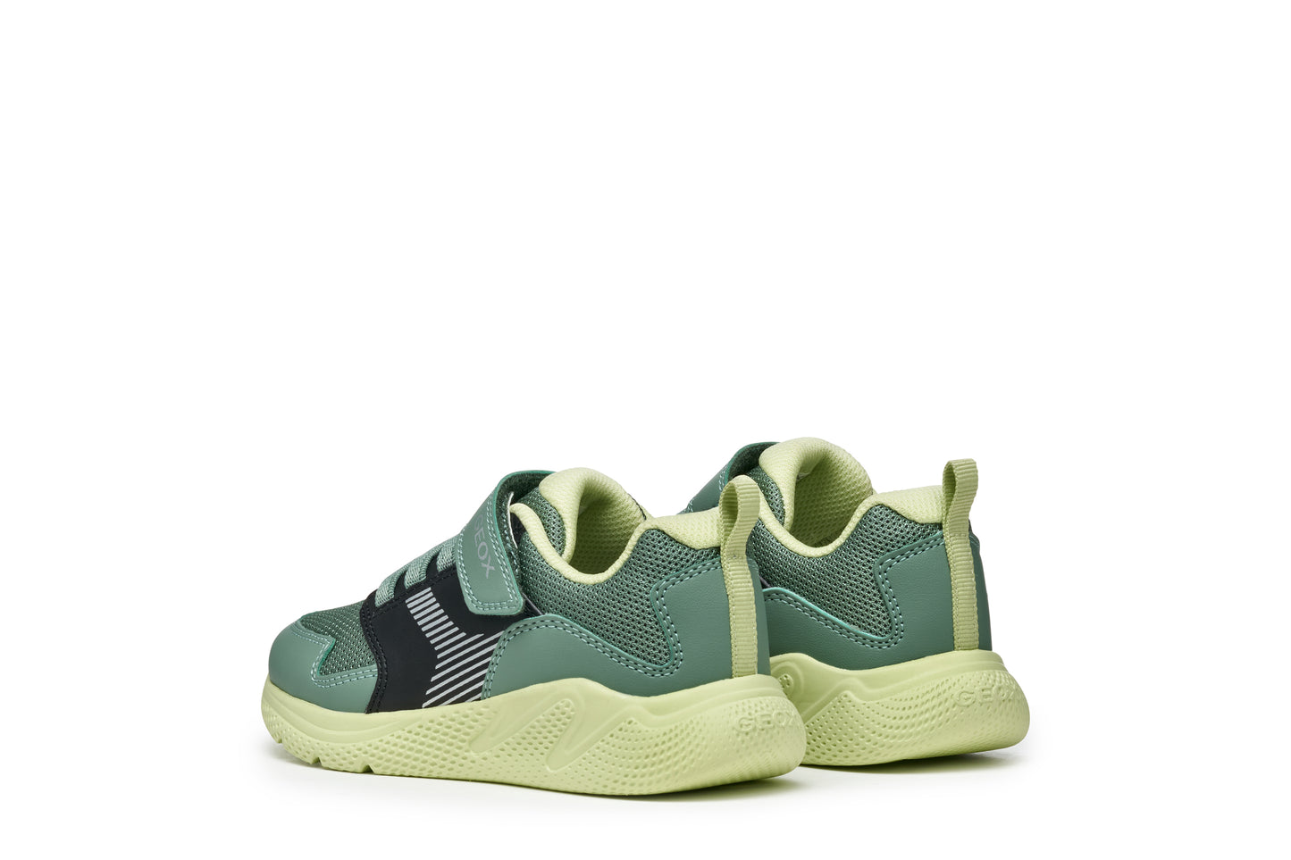 A boys trainer by Geox, style J Sprintye in black / green. Velcro/ elastic lace fastening. Angled back view.