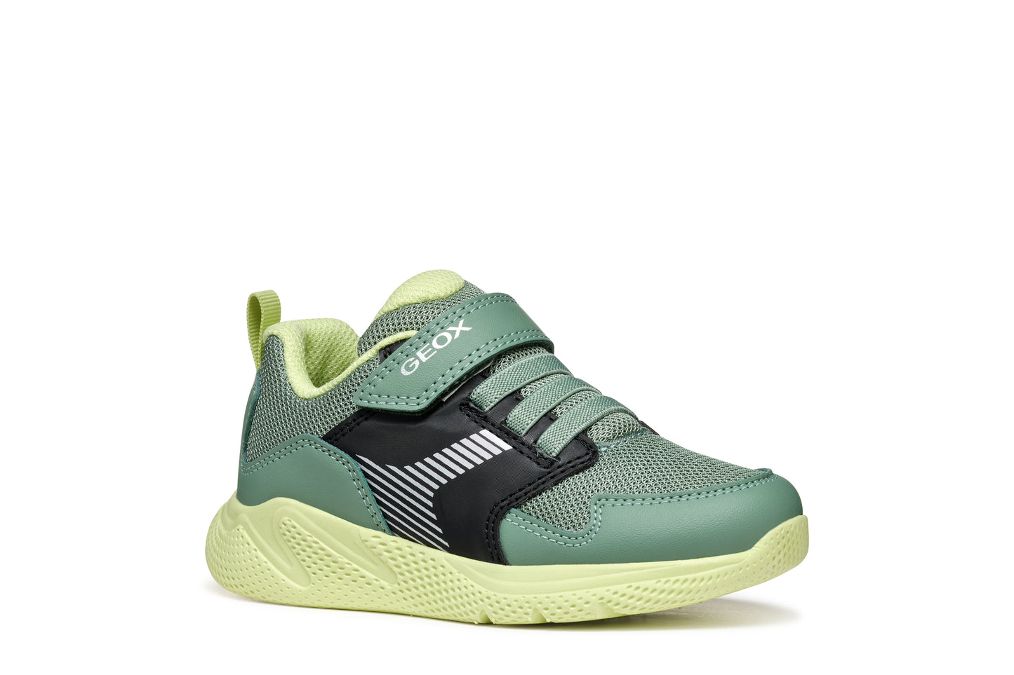 A boys trainer by Geox, style J Sprintye in black / green. Velcro/ elastic lace fastening. Right side view.