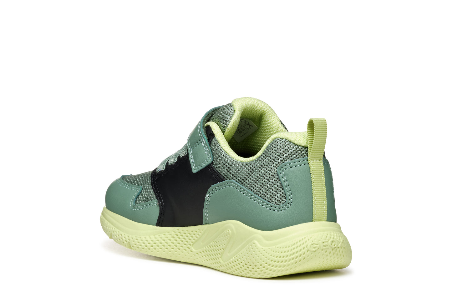 A boys trainer by Geox, style J Sprintye in black / green. Velcro/ elastic lace fastening. Angled back view.