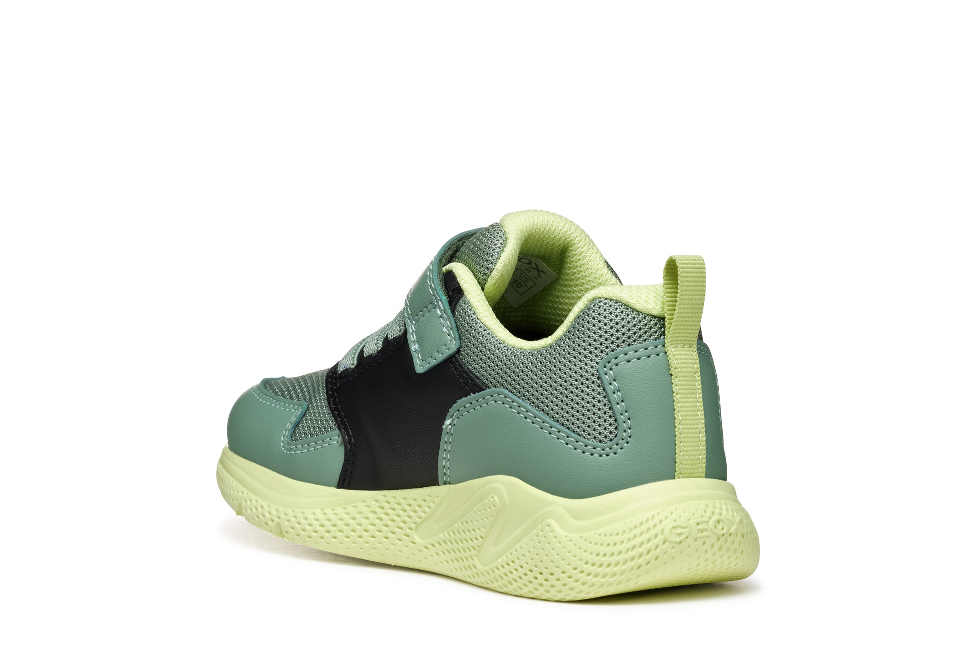 A boys trainer by Geox, style J Sprintye in black / green. Velcro/ elastic lace fastening. Angled back view.