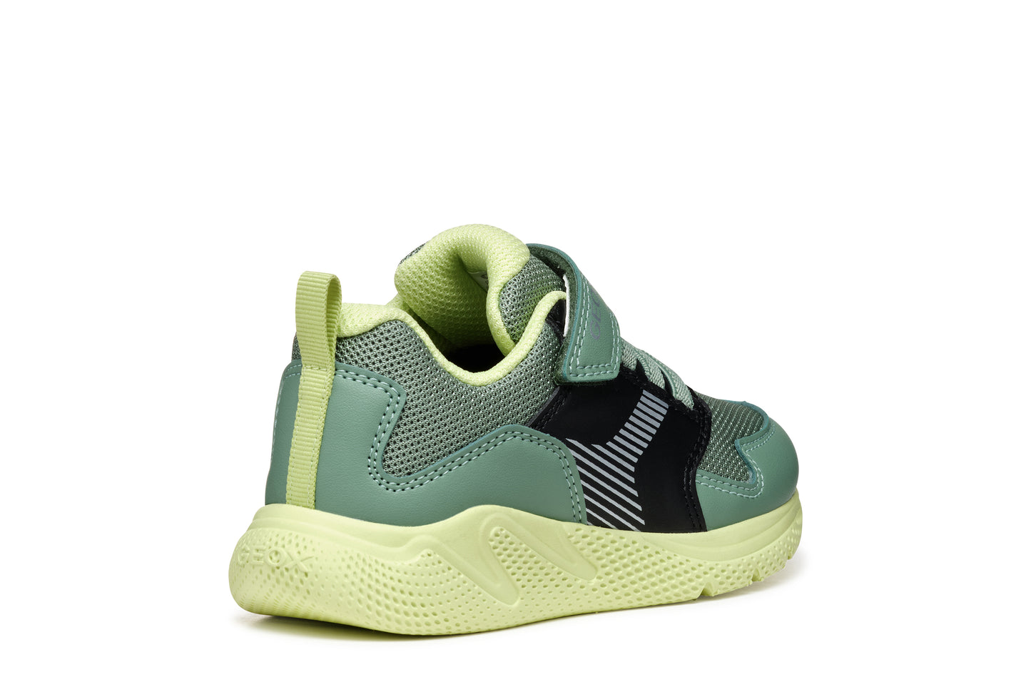 A boys trainer by Geox, style J Sprintye in black / green. Velcro/ elastic lace fastening. Angled right view.
