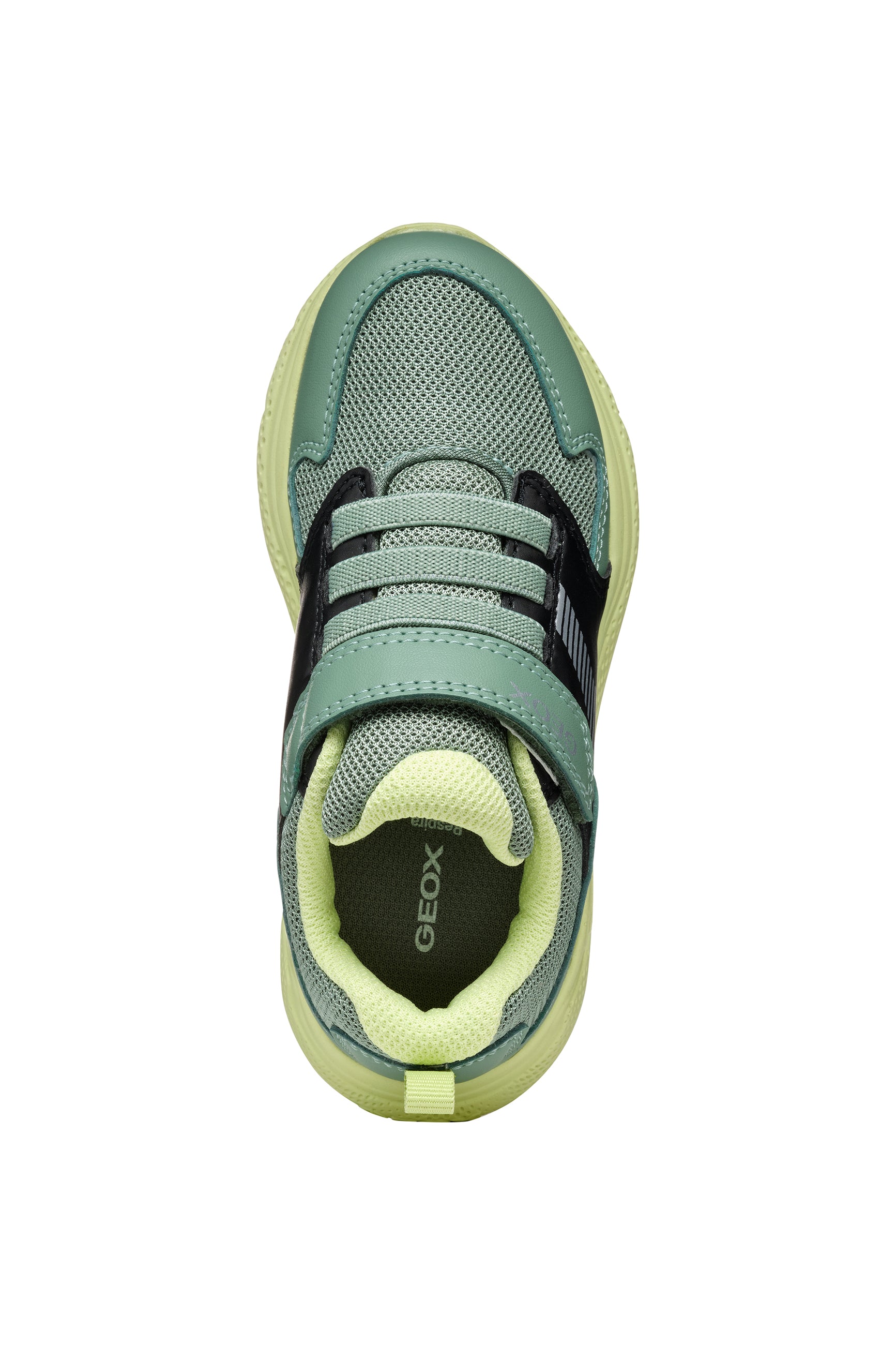 A boys trainer by Geox, style J Sprintye in black / green. Velcro/ elastic lace fastening. Above view.