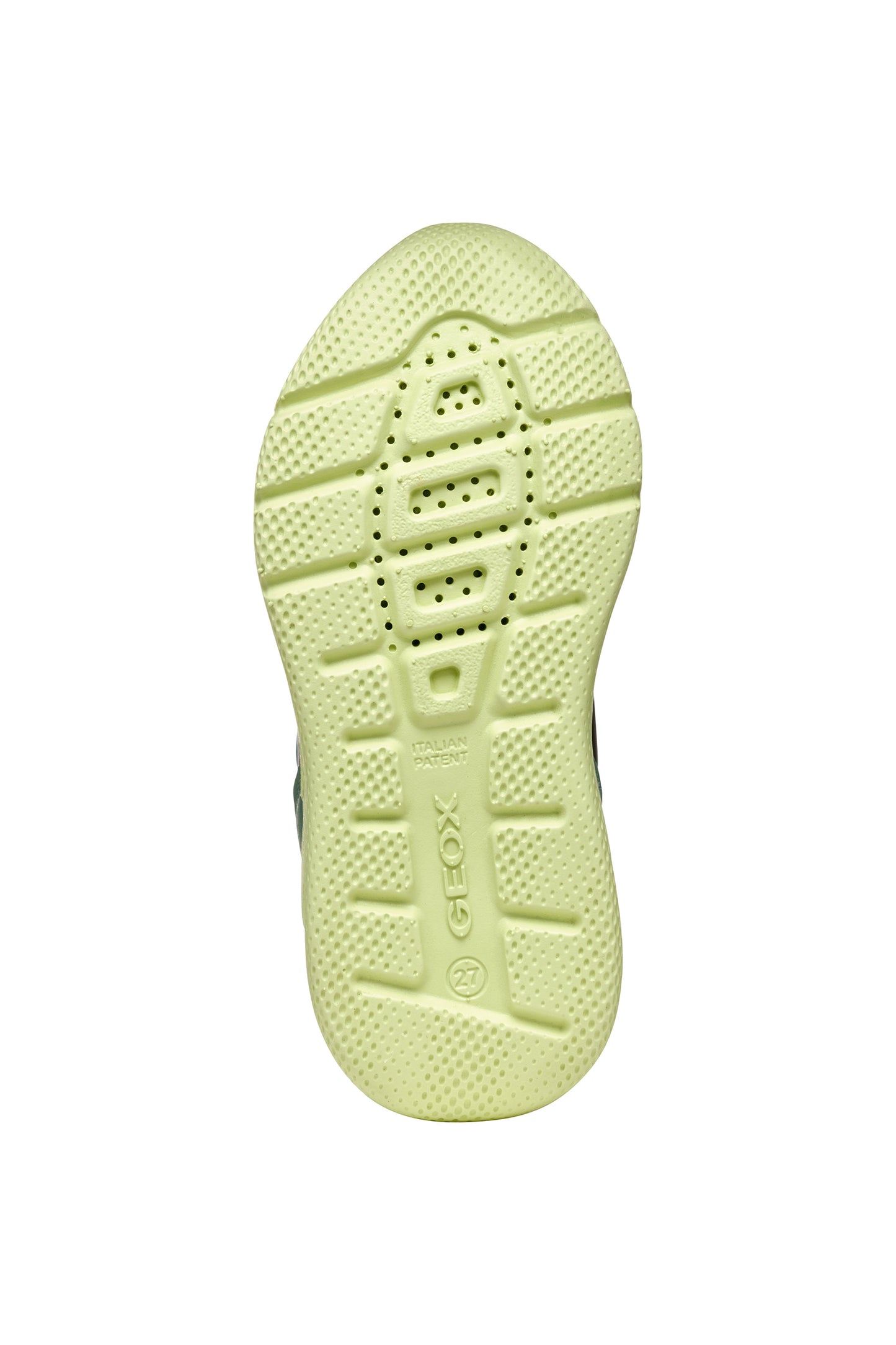 A boys trainer by Geox, style J Sprintye in black / green. Velcro/ elastic lace fastening. Sole view.