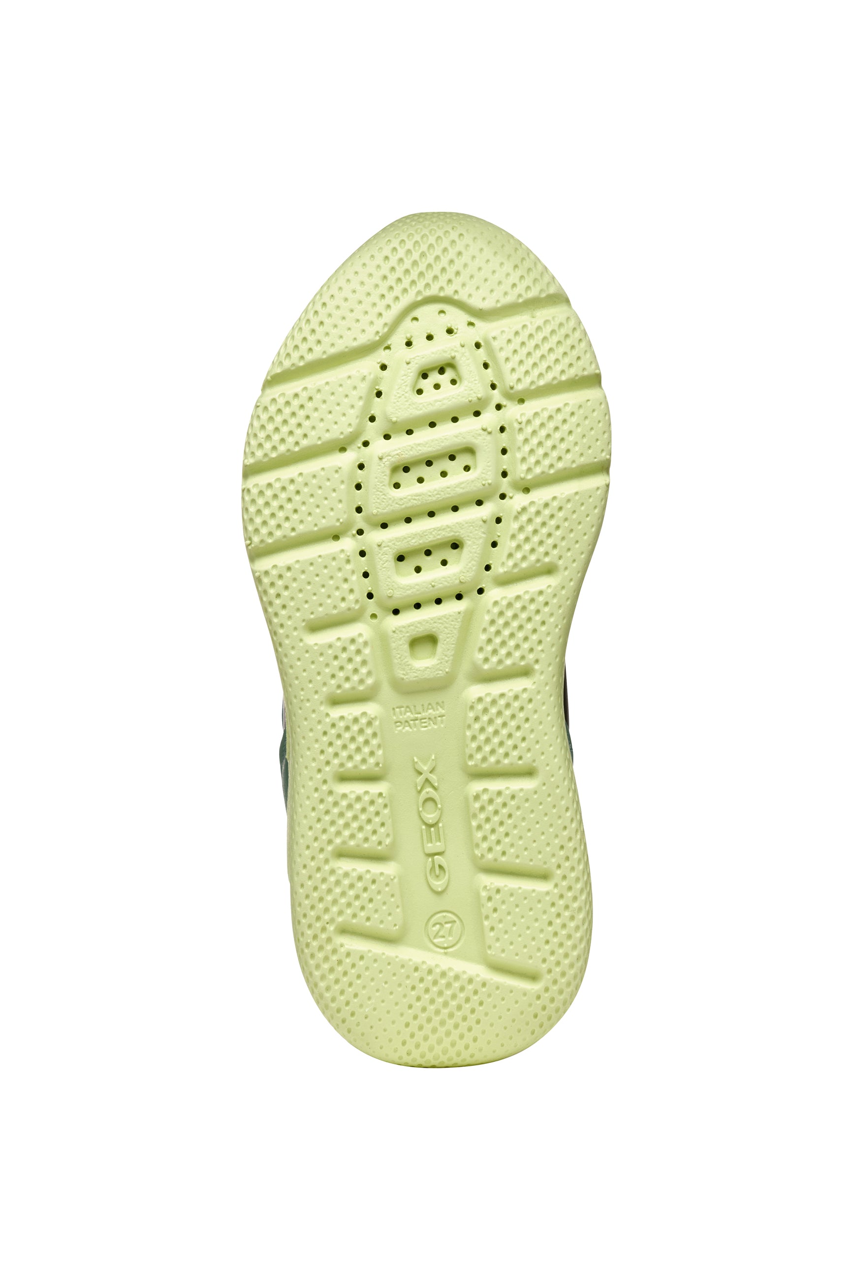 A boys trainer by Geox, style J Sprintye in black / green. Velcro/ elastic lace fastening. Sole view.