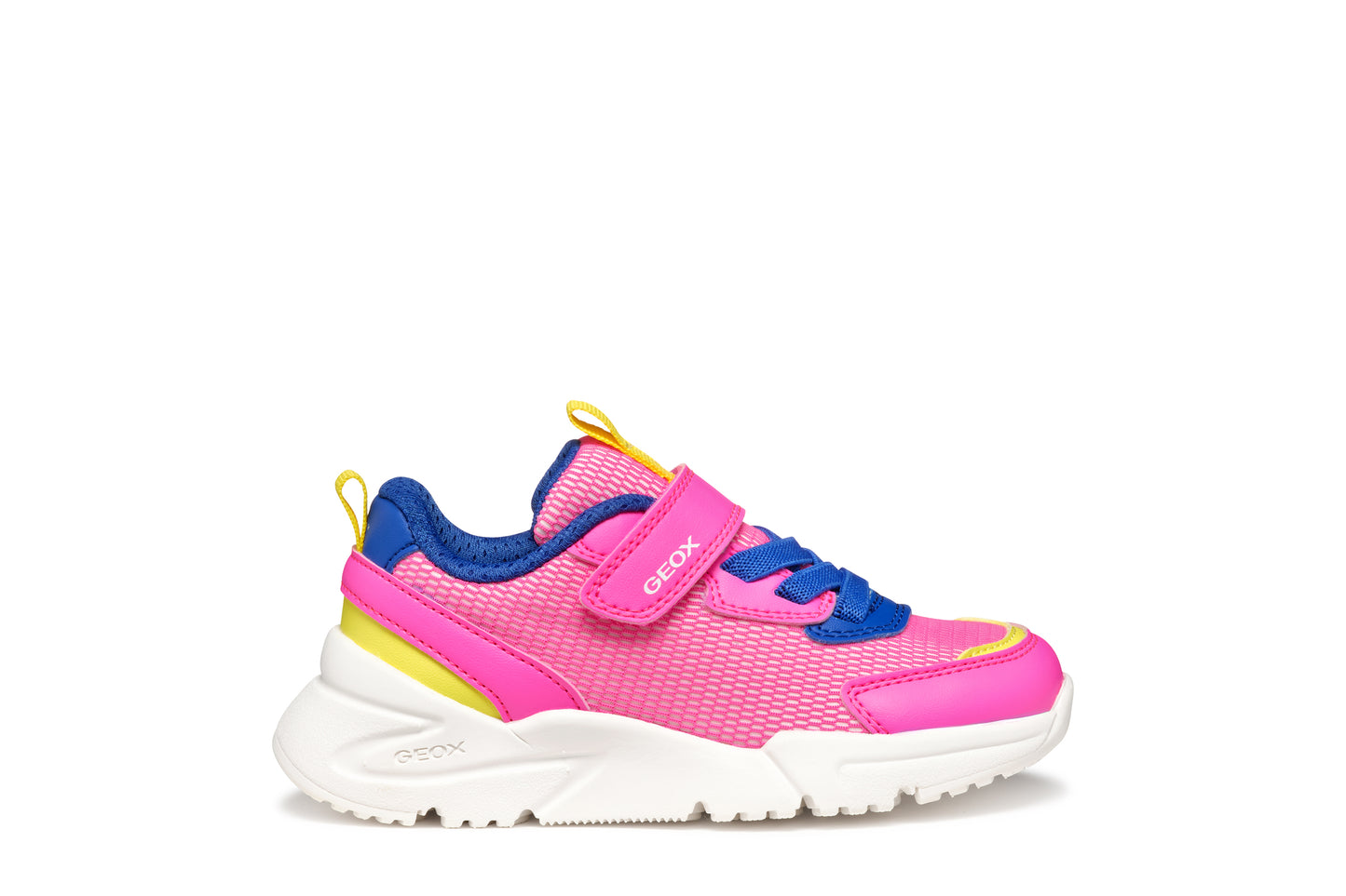 A girls trainer by Geox , style J Loftus in pink/blue with yellow trim, velcro with elastic laces. Right side view.