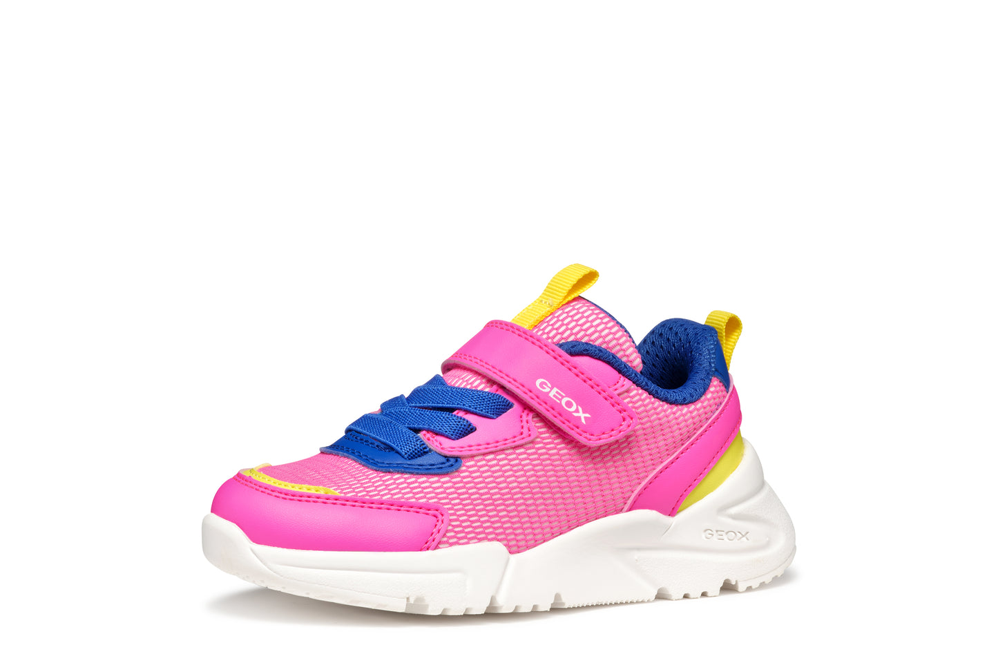 A girls trainer by Geox , style J Loftus in pink/blue with yellow trim, velcro with elastic laces. Left side view.