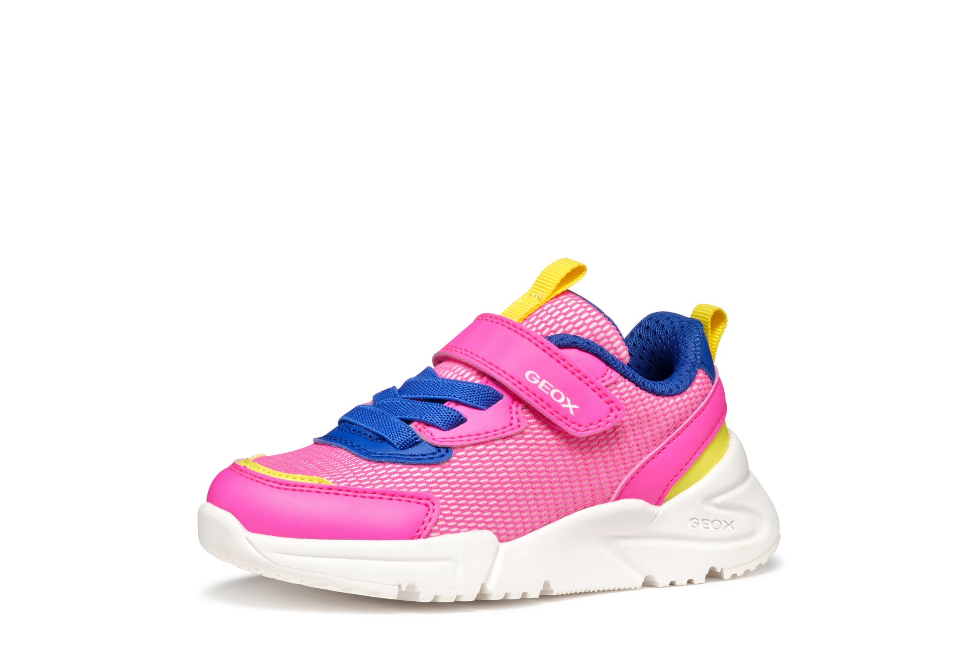 A girls trainer by Geox , style J Loftus in pink/blue with yellow trim, velcro with elastic laces. Left side view.