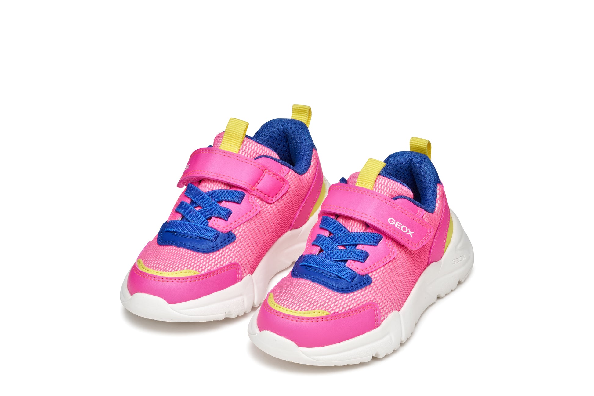 A girls trainer by Geox , style J Loftus in pink/blue with yellow trim, velcro with elastic laces. Angled view of pair.