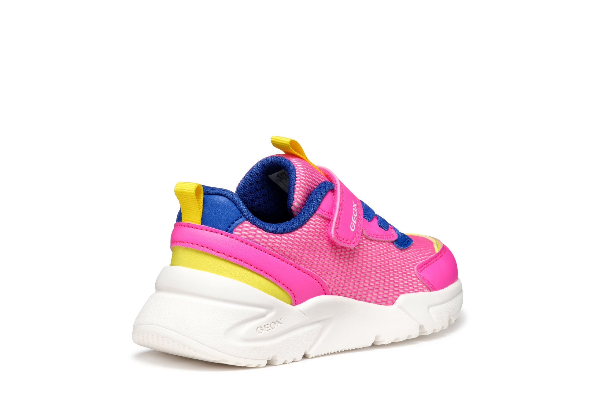 A girls trainer by Geox , style J Loftus in pink/blue with yellow trim, velcro with elastic laces. Angled right sided view.