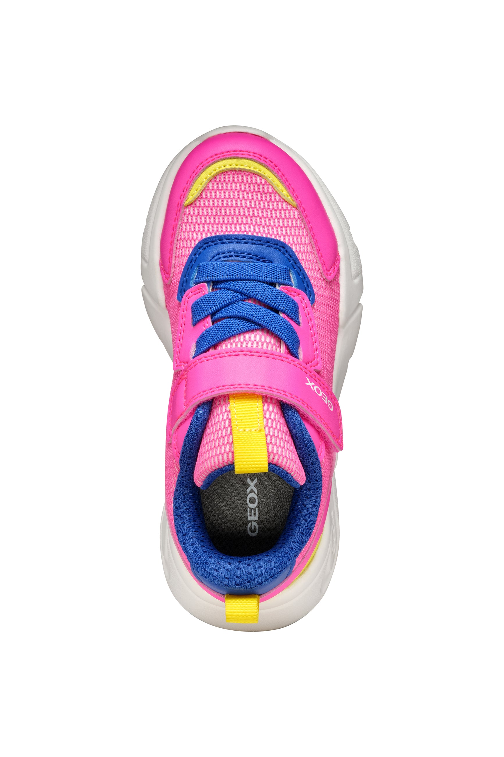 A girls trainer by Geox , style J Loftus in pink/blue with yellow trim, velcro with elastic laces. Above view.