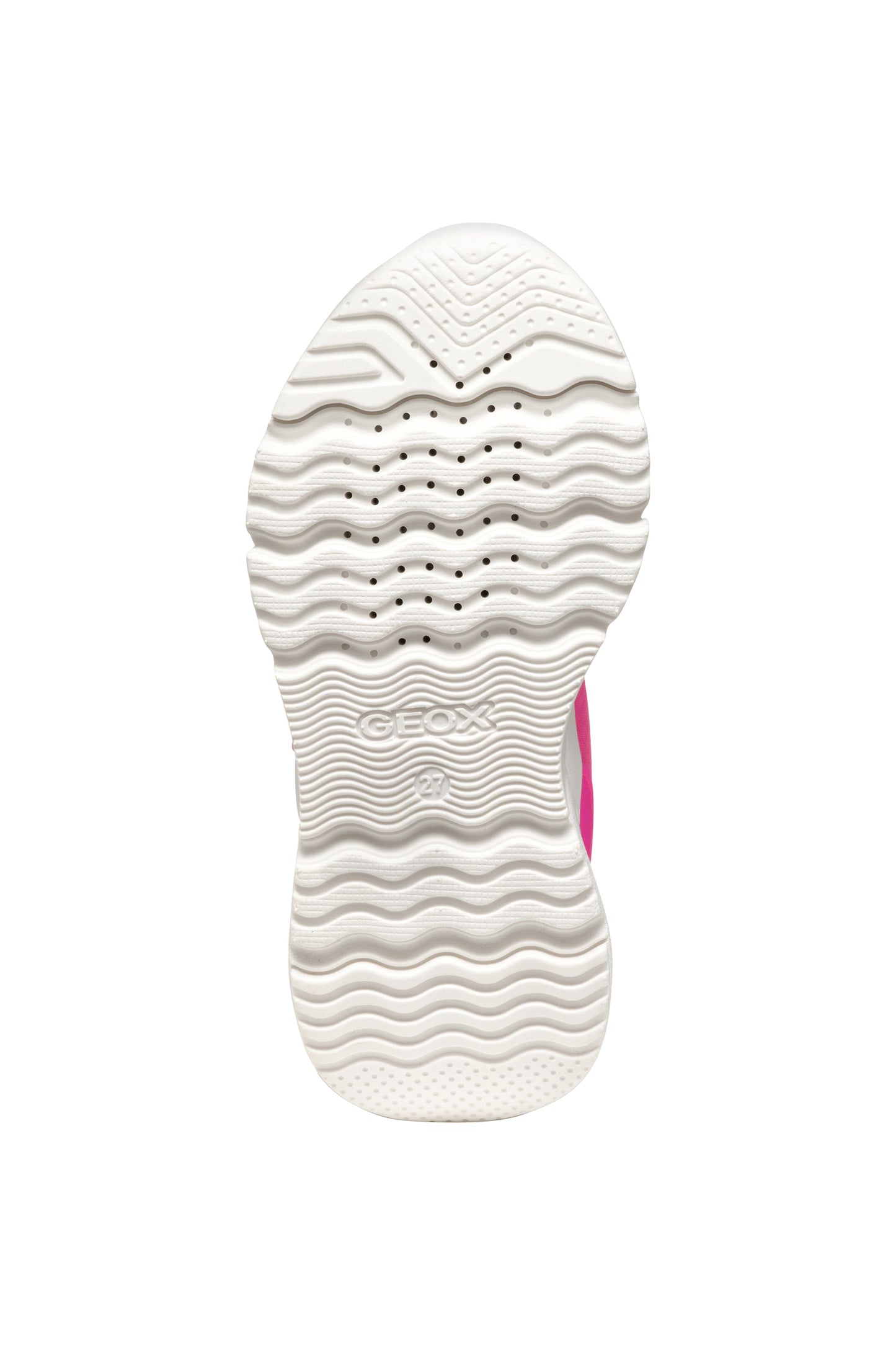 A girls trainer by Geox , style J Loftus in pink/blue with yellow trim, velcro with elastic laces. Sole view.