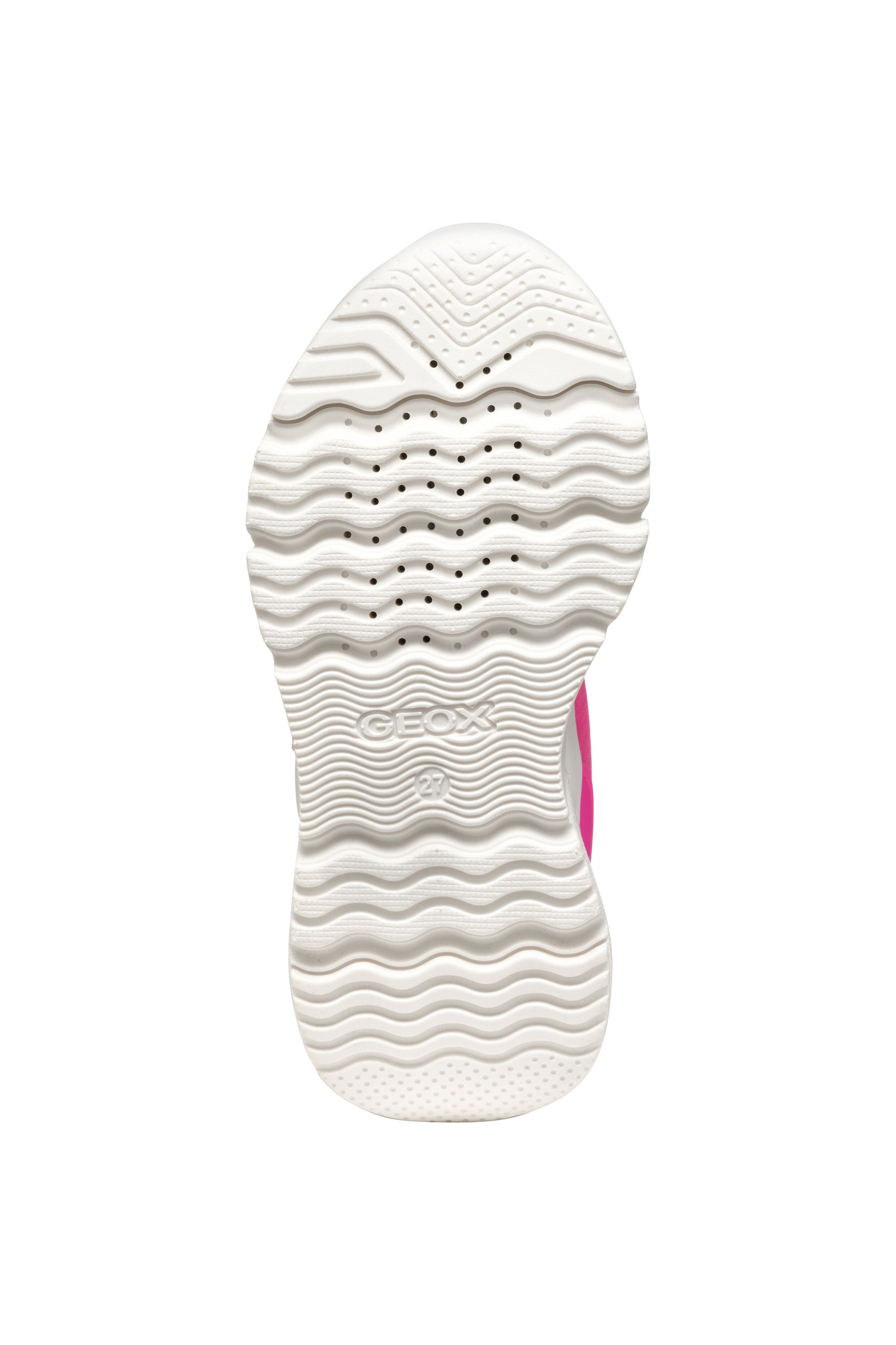 A girls trainer by Geox , style J Loftus in pink/blue with yellow trim, velcro with elastic laces. Sole view.