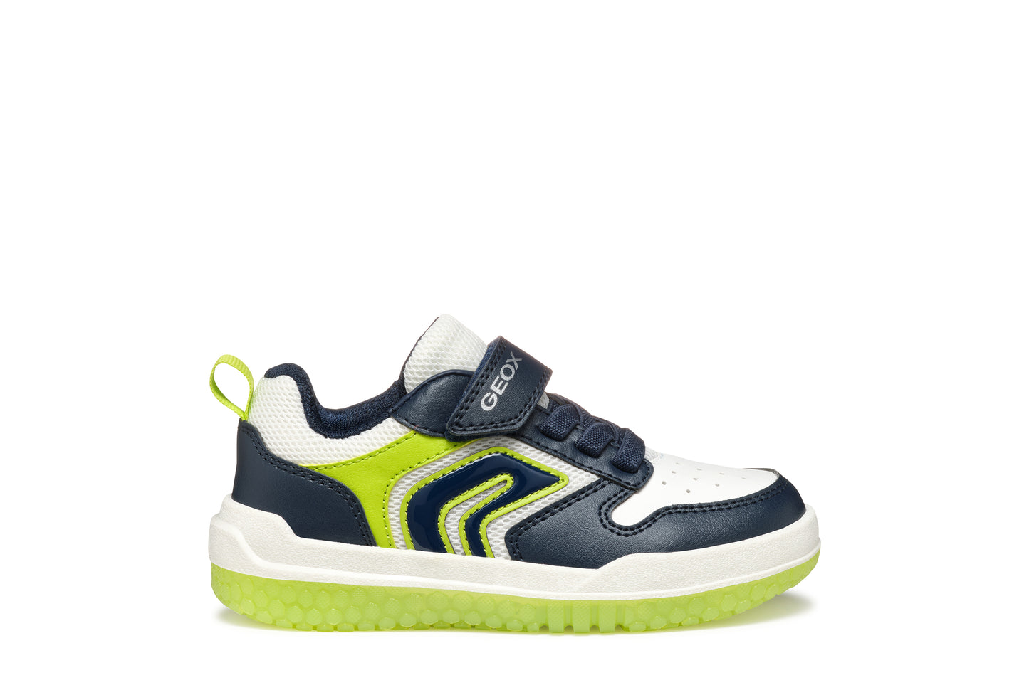 A boys light up trainer by Geox, style J Buzzerlight, in navy and lime with elastic lace and single velcro fastening. Right side view.