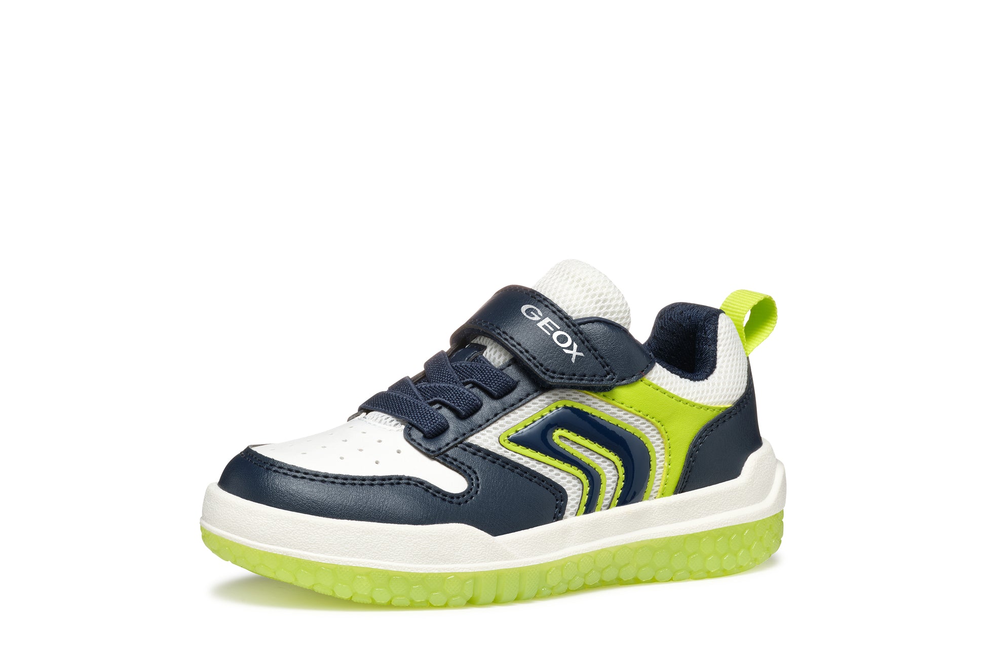 A boys light up trainer by Geox, style J Buzzerlight, in navy and lime with elastic lace and single velcro fastening. Left side view.