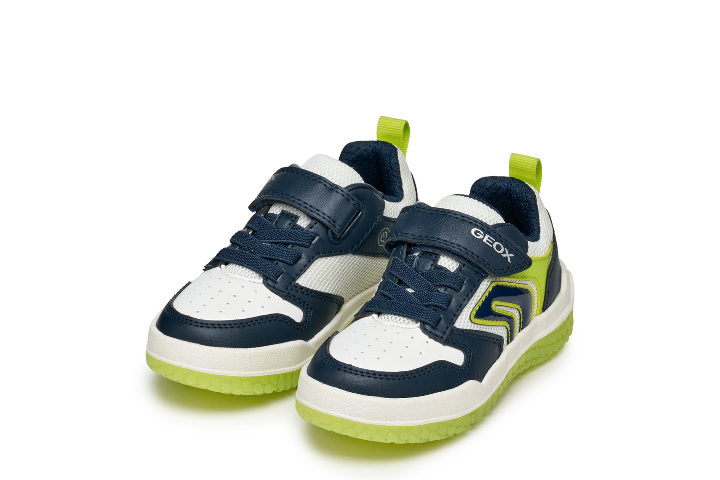 A boys light up trainer by Geox, style J Buzzerlight, in navy and lime with elastic lace and single velcro fastening. Angled view of a pair.
